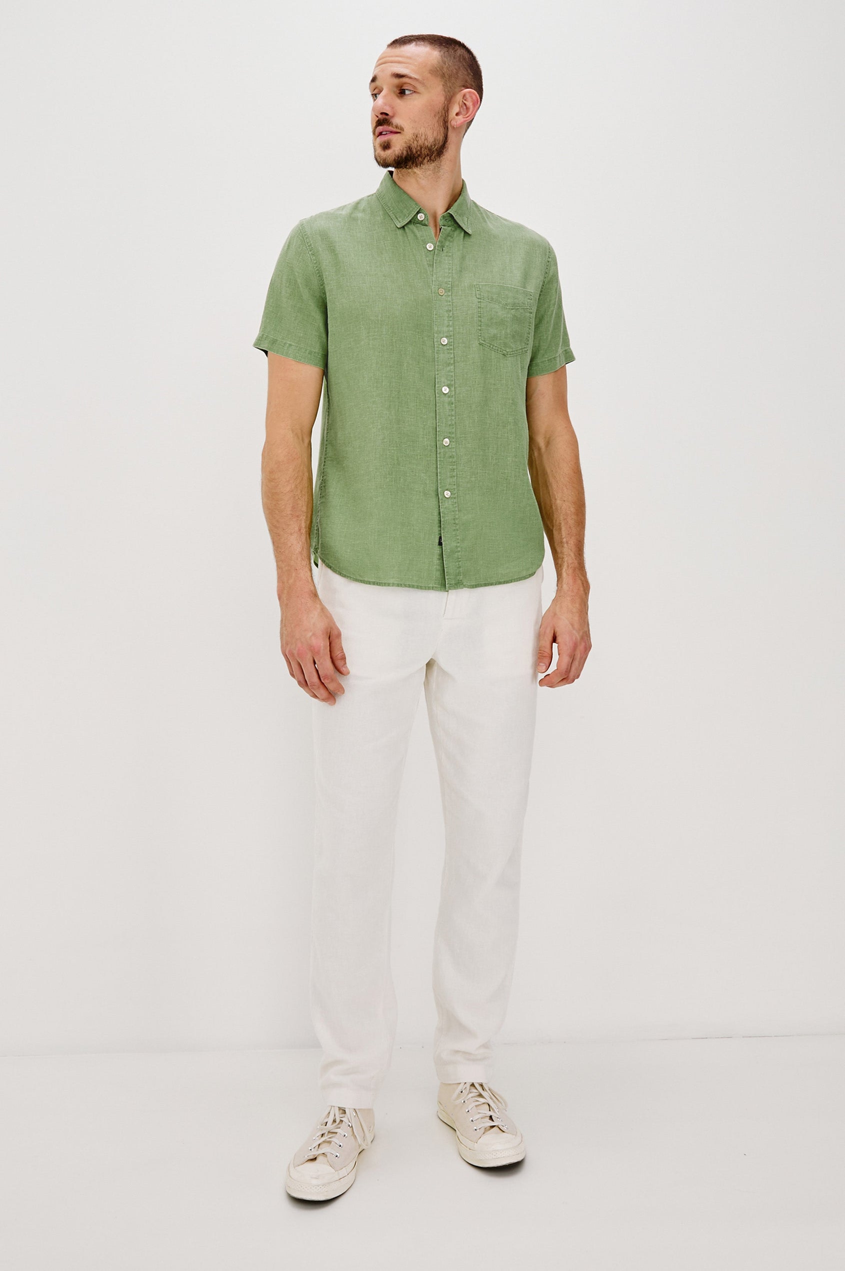 Paros button up short sleeve with front chest pocket and collar in Matcha Colorway- full body front view on model