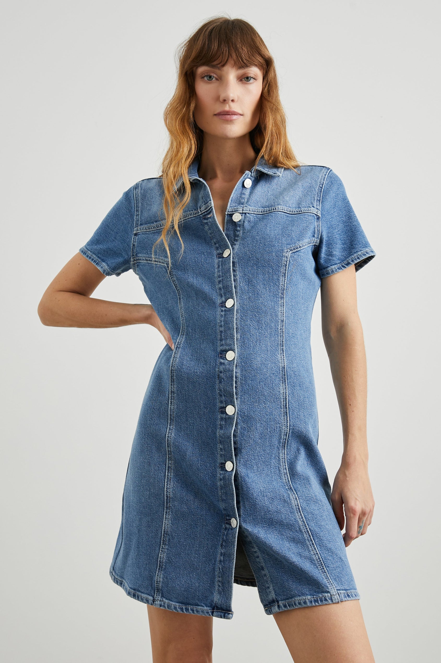 Pasadena Short-Sleeve Denim Mini Dress with a Full Button Front in Cadet Blue Colorway - Front View Featured on Model 