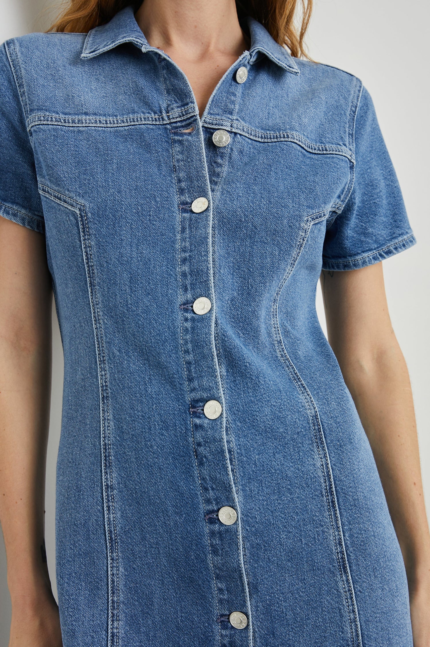 Pasadena Short-Sleeve Denim Mini Dress with a Full Button Front in Cadet Blue Colorway - Front View Featured on Model 