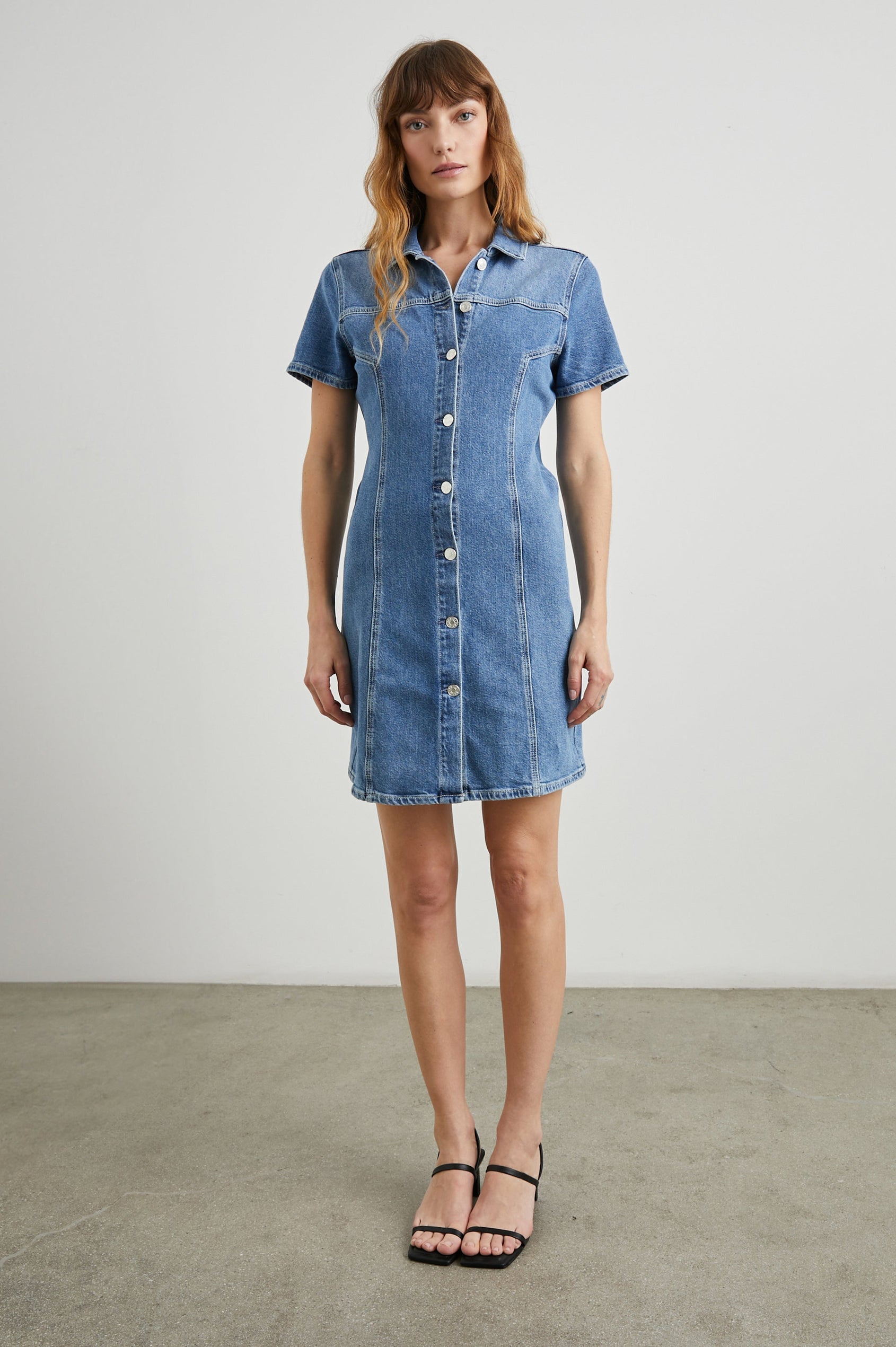 Pasadena Short-Sleeve Denim Mini Dress with a Full Button Front in Cadet Blue Colorway - Front Full Body View Featured on Model 