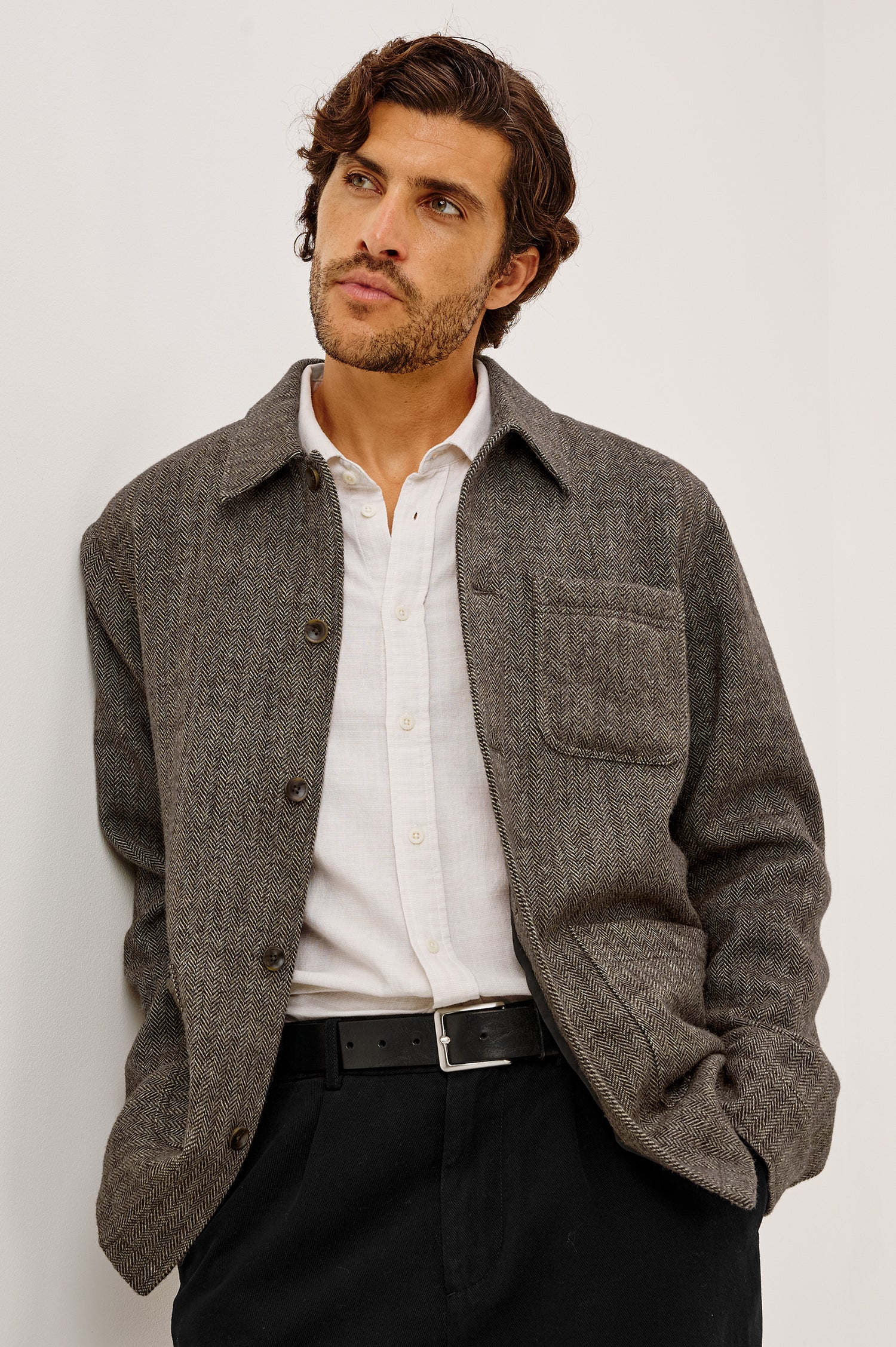 Pascal Chore Jacket in Wool Blend Tweed WIth Collar, Front Buttons, Long Sleeves, Front Patch Pockets, and Fully Lined in Highland Tweed Colorway - Upper Body Front View Featured on Model