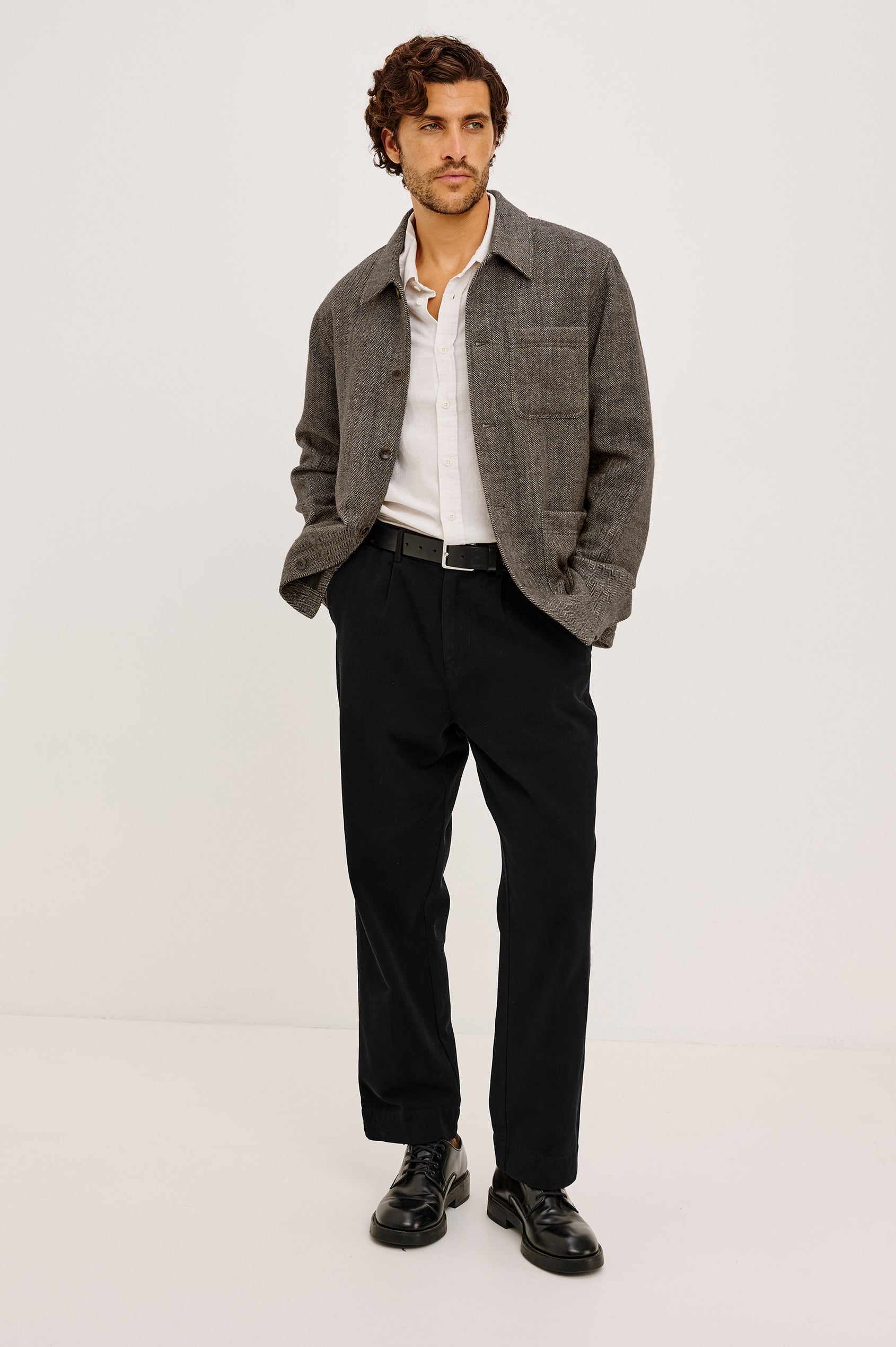 Pascal Chore Jacket in Wool Blend Tweed WIth Collar, Front Buttons, Long Sleeves, Front Patch Pockets, and Fully Lined in Highland Tweed Colorway - Full Body Front View Featured on Model