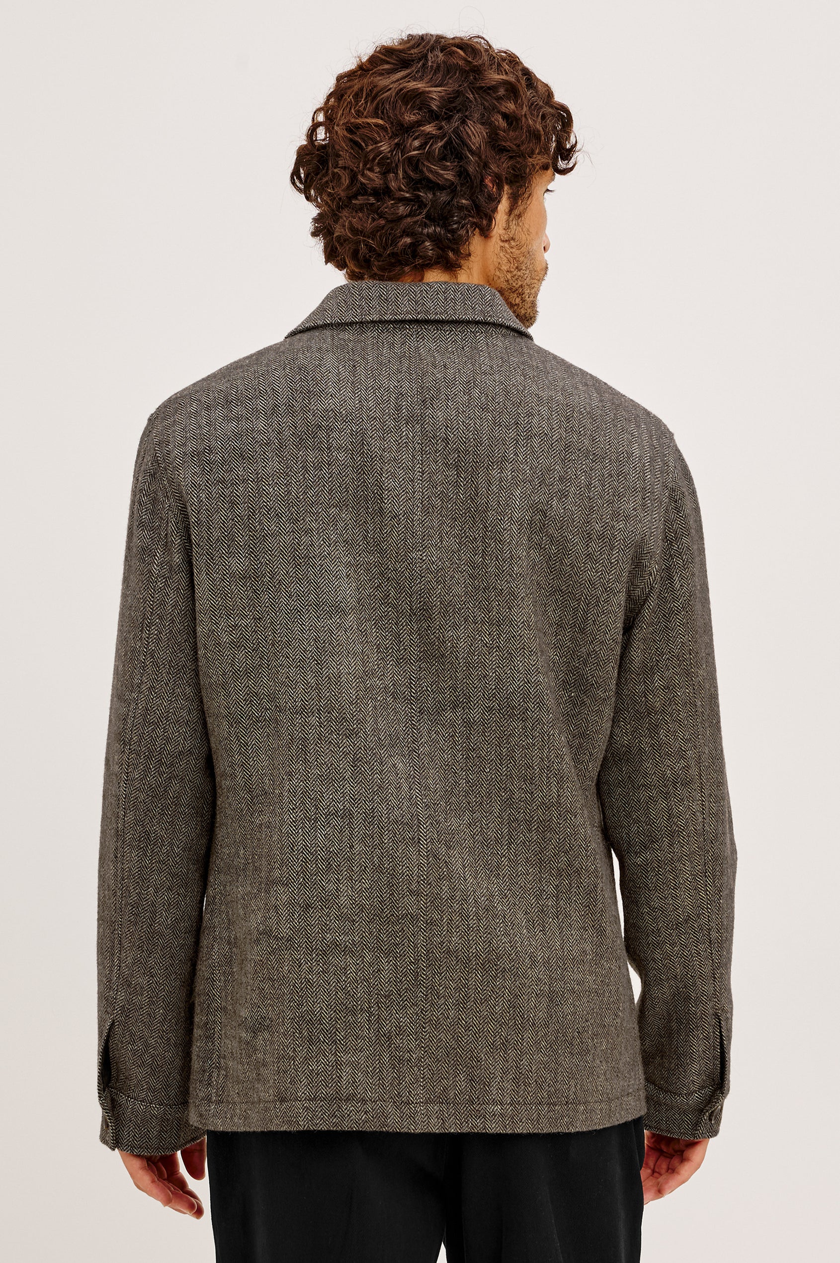 Pascal Chore Jacket in Wool Blend Tweed WIth Collar, Front Buttons, Long Sleeves, Front Patch Pockets, and Fully Lined in Highland Tweed Colorway - Upper Body Back View Featured on Model