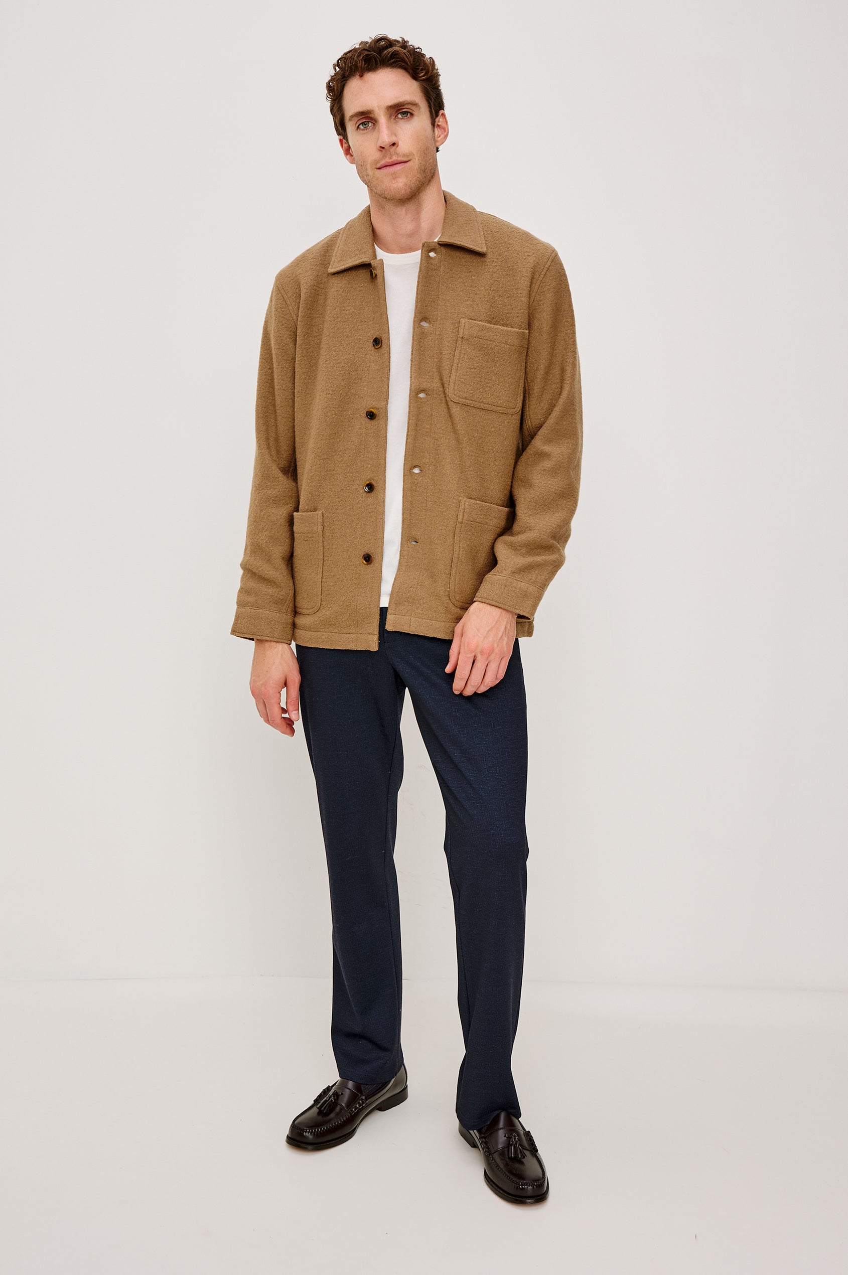 Pascal Jacket With Collar, Front Buttons, Front Patch Pockets, and a Single Chest Pocket in Light Brown Boucle Colorway - Full Body Front View Featured on Model