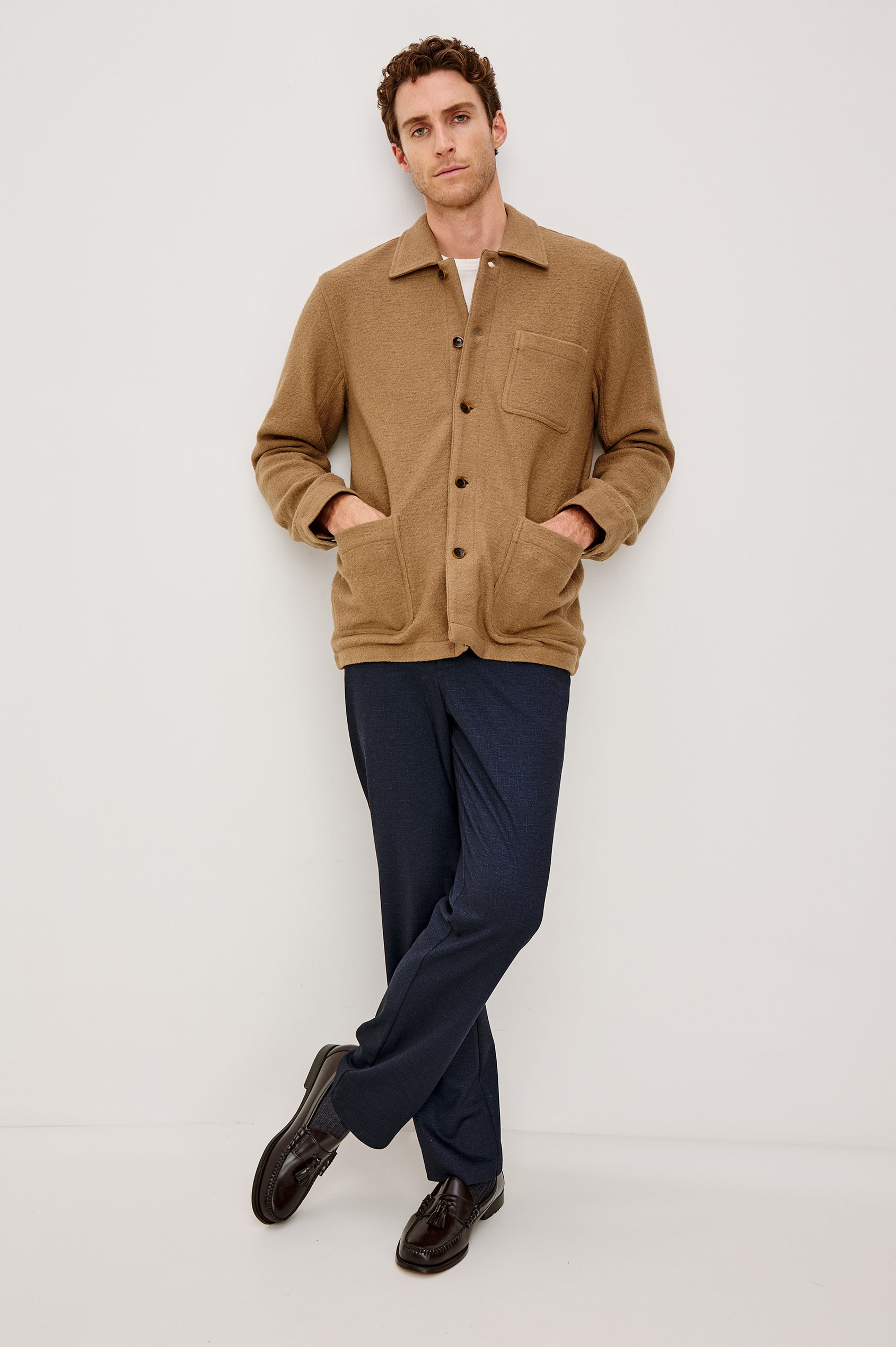 Pascal Jacket With Collar, Front Buttons, Front Patch Pockets, and a Single Chest Pocket in Light Brown Boucle Colorway - Full Body Front View Featured on Model
