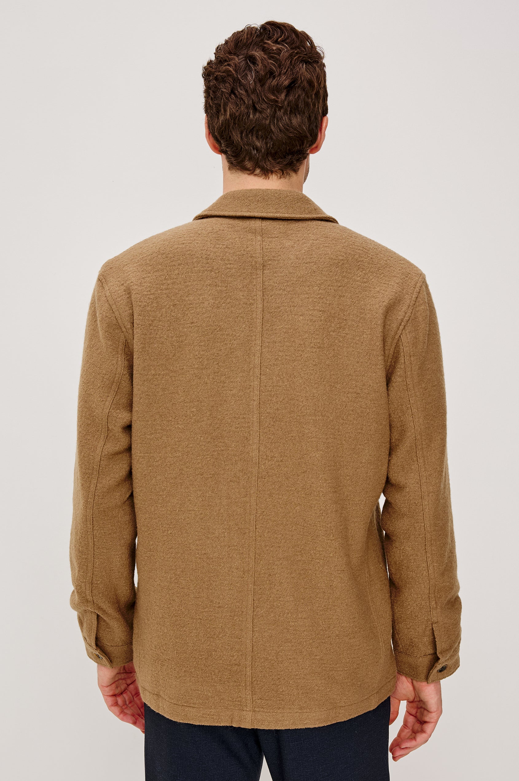 Pascal Jacket With Collar, Front Buttons, Front Patch Pockets, and a Single Chest Pocket in Light Brown Boucle Colorway - Full Body Back View Featured on Model