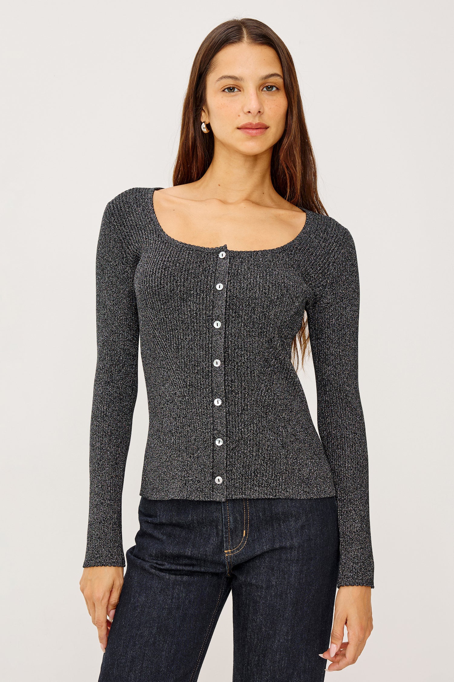 Paulina Fitted Sweater in Lurex Rib Knit With Scalloped Scoop Neckline, Front Buttons, and Long Sleeves in Gun Metal Lurex Colorway - Upper Body Front View Featured on Model