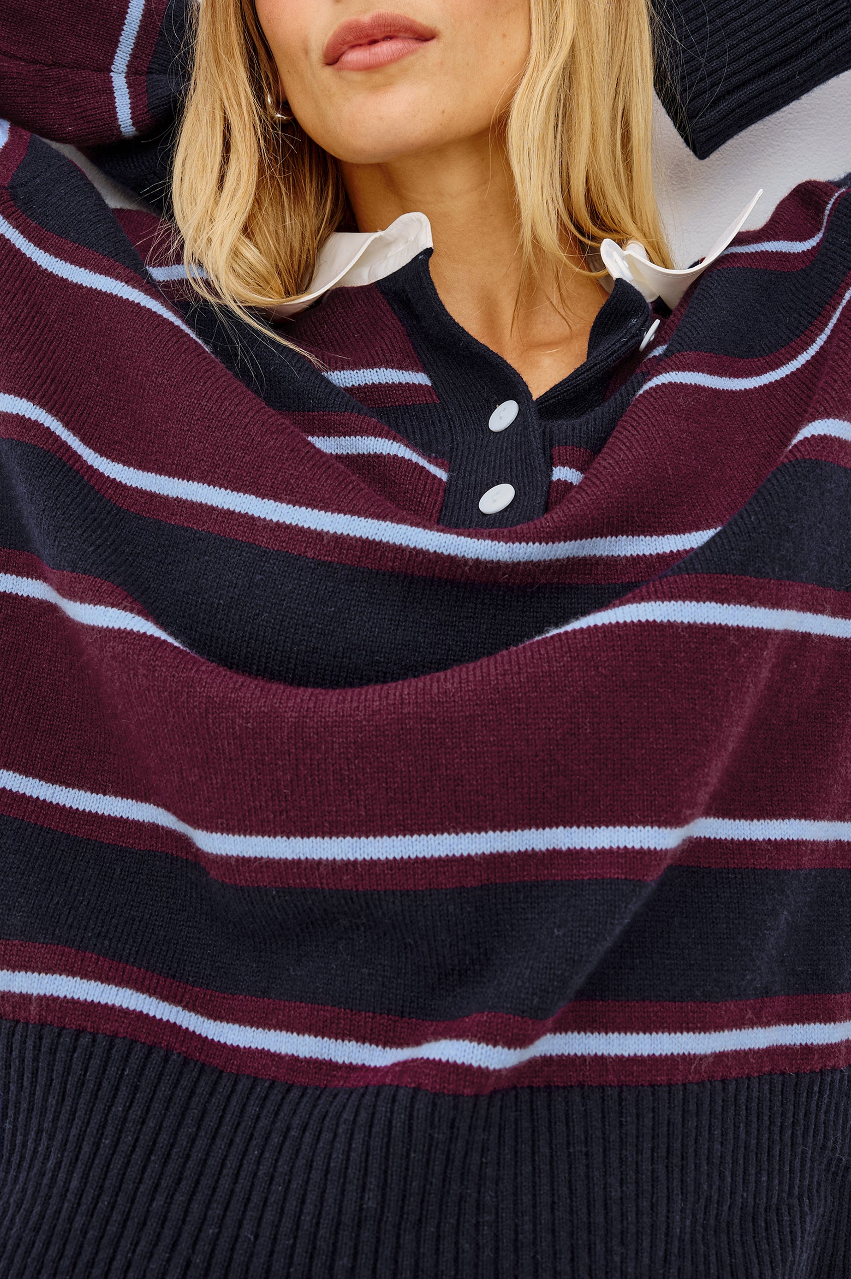 Paxton Sweater in Cotton-Cashmere Blend With Poplin Collar, 4-Button Placket, Relaxed Fit, and Ribbed Trim in Boysenberry Stripe Colorway - Upper Body Front View Featured on Model
