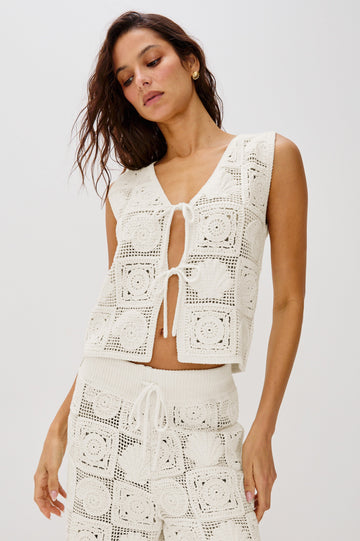 Paz V-Neck Tie Front Tank Top with Wide Straps in White Sea Shell Crochet Colorway. Front View Shown on Model.