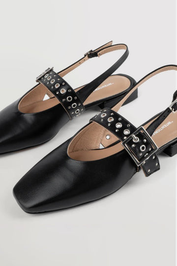 Intentionally Blank Pearl Ballet Flat with an Adjustable Slingback Strap, a Studded Upper Buckle Strap, a Small Heel and a Square Toe in Black Colorway - Overhead View 