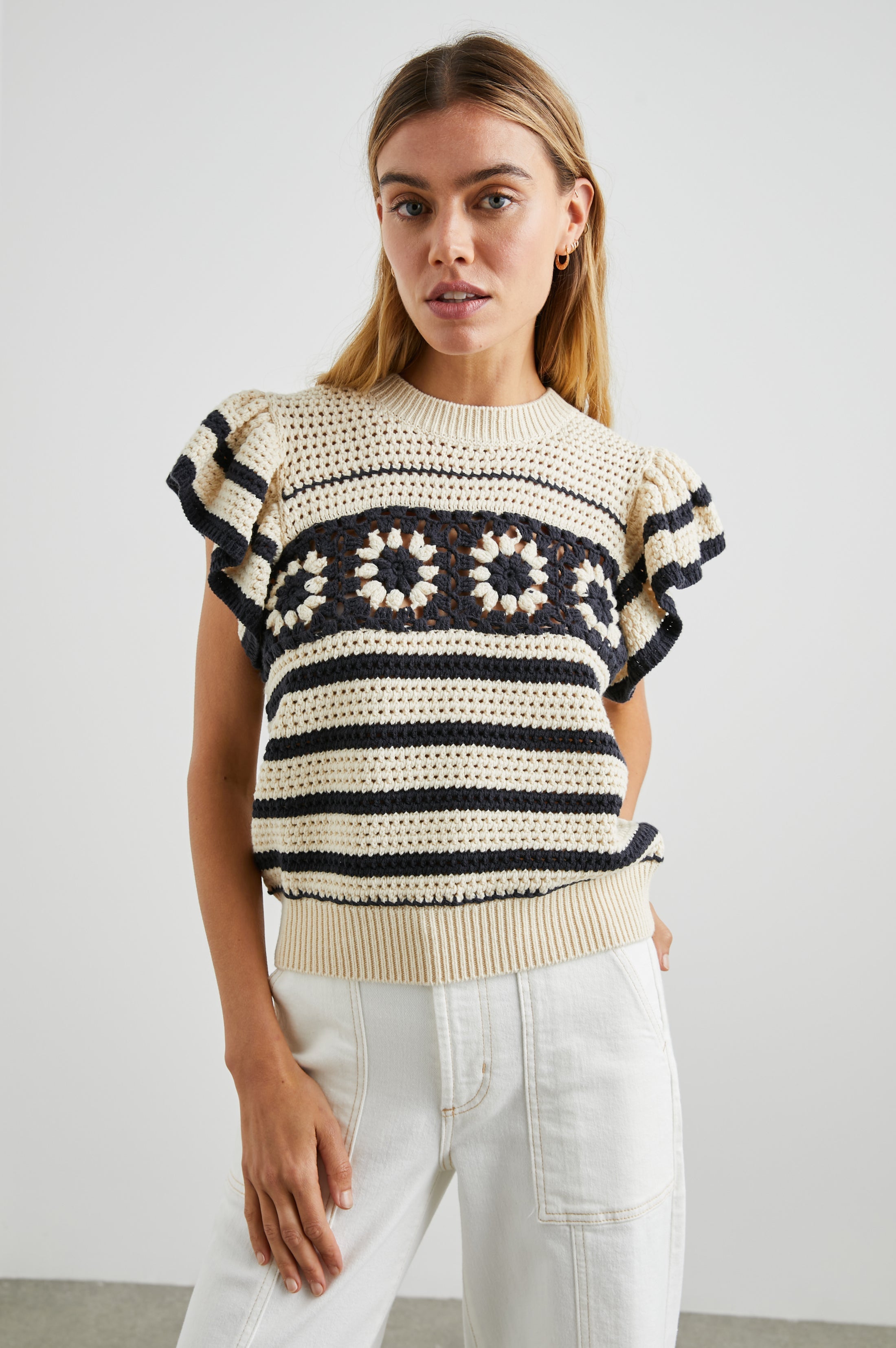 PENELOPE TOP - OAT NAVY CROCHET STRIPE – Rails UK