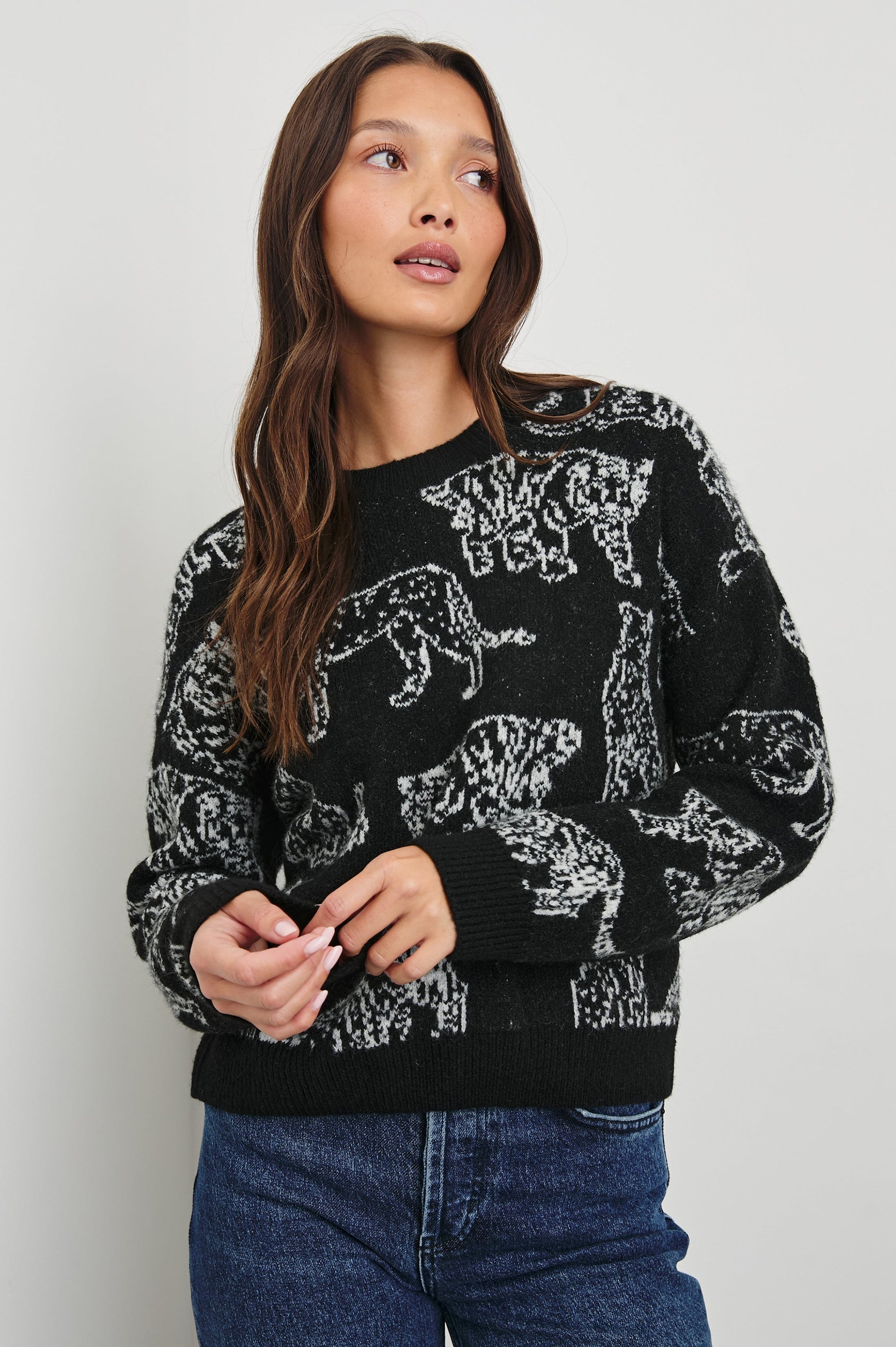 Perci Long-Sleeved Sweater with Crew Neck and Ribbed Trim in Charcoal Cats Colorway, white wild cats on Charcoal - Front View Featured on Model