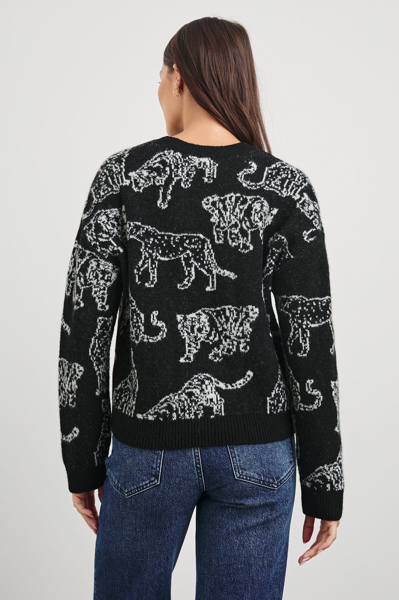 Perci Long-Sleeved Sweater with Crew Neck and Ribbed Trim in Charcoal Cats Colorway, white wild cats on Charcoal - Back View Featured on Model