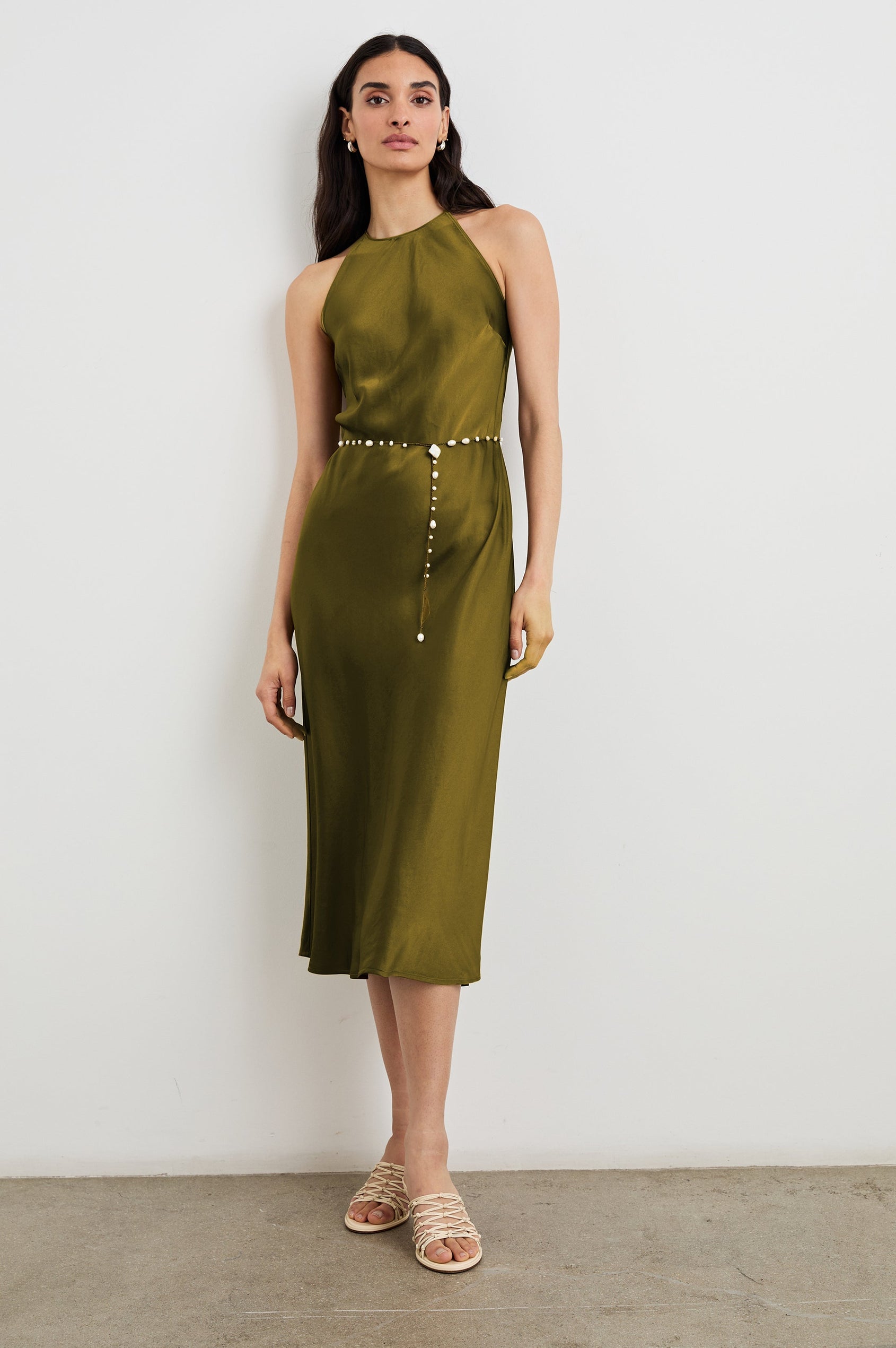 Pia Sleeveless Midi Dress with a Crew Neck and Back Button Closure with Keyhole in Fern Colorway - Front Full Body View Featured on Model