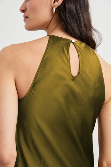 Pia Sleeveless Midi Dress with a Crew Neck and Back Button Closure with Keyhole in Fern Colorway - Back View Featured on Model