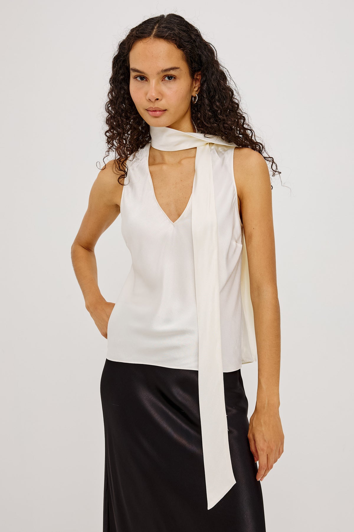 Poppy Shirt in Satin-Back Crepe With Deep V-Neckline, Attached Self-Tie Scarf, and Bias Cut in Ivory Colorway - Upper Body Front View Featured on Model