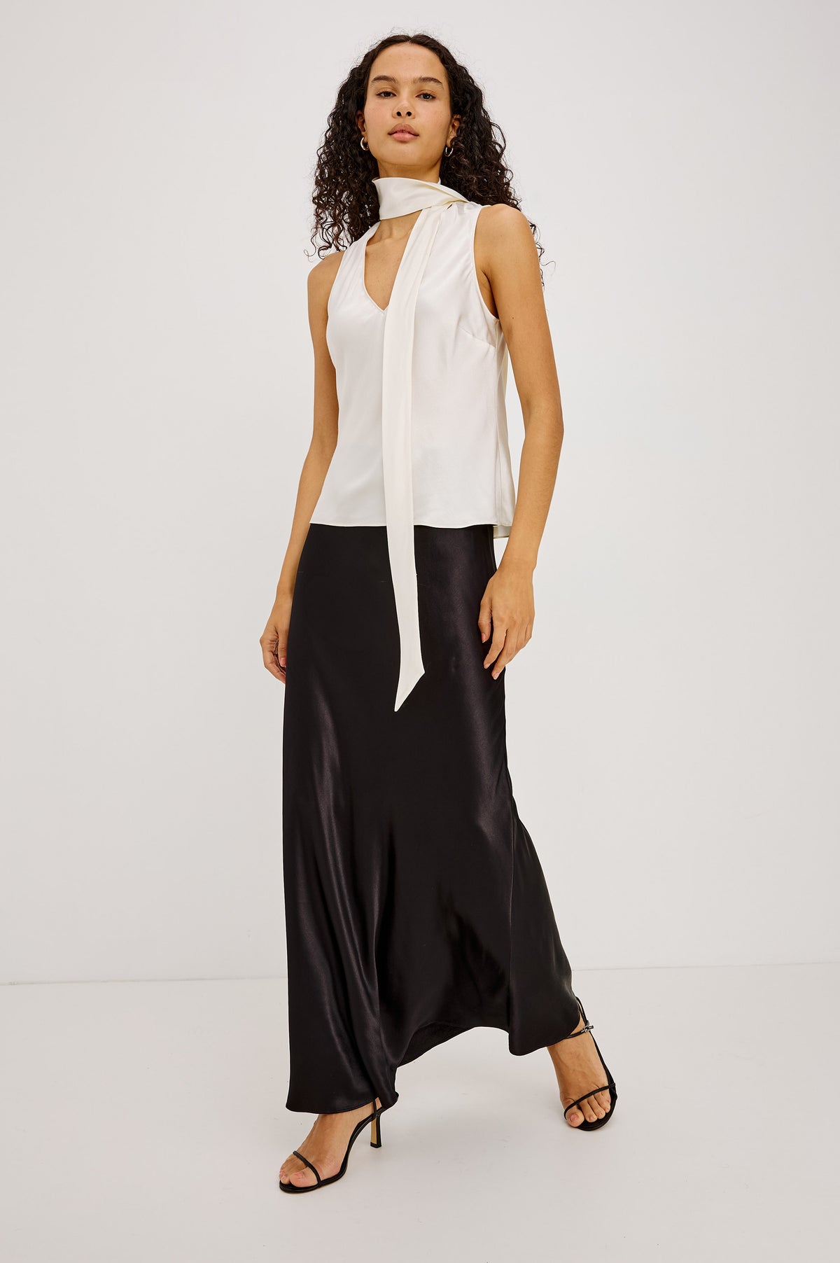 Poppy Shirt in Satin-Back Crepe With Deep V-Neckline, Attached Self-Tie Scarf, and Bias Cut in Ivory Colorway - Full Body Front View Featured on Model