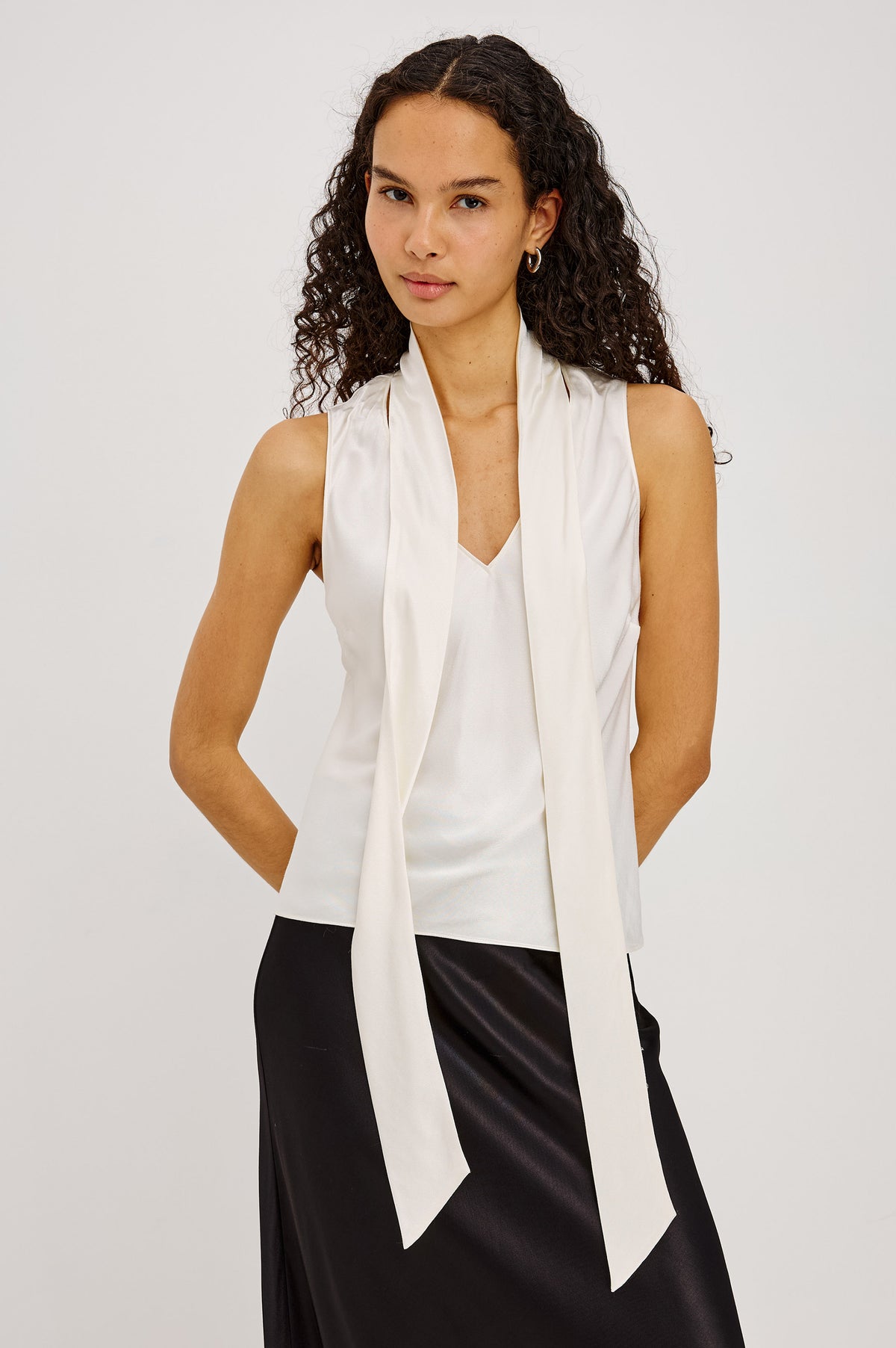 Poppy Shirt in Satin-Back Crepe With Deep V-Neckline, Attached Self-Tie Scarf, and Bias Cut in Ivory Colorway - Upper Body Front View Featured on Model