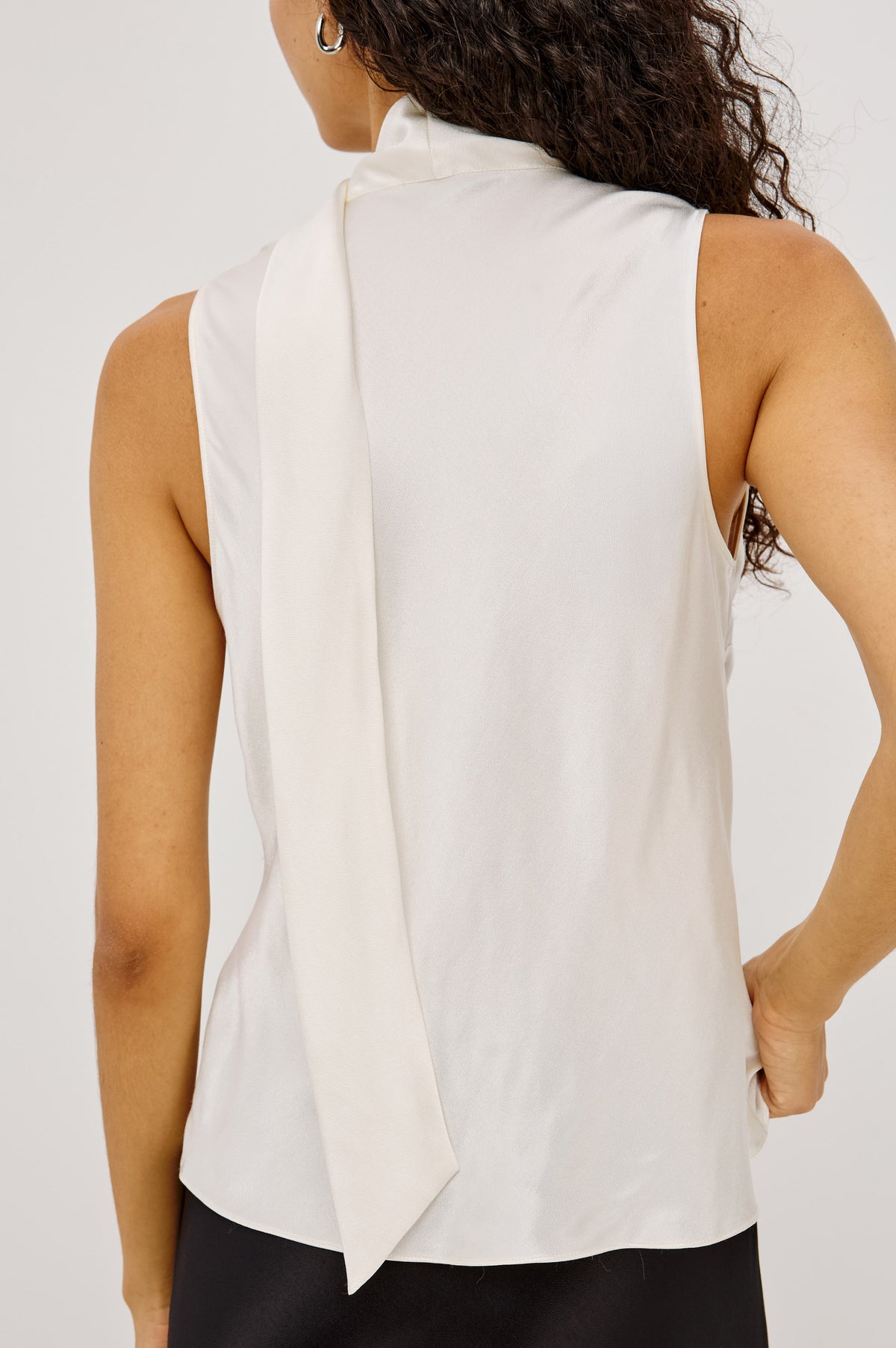 Poppy Shirt in Satin-Back Crepe With Deep V-Neckline, Attached Self-Tie Scarf, and Bias Cut in Ivory Colorway - Upper Body Back View Featured on Model