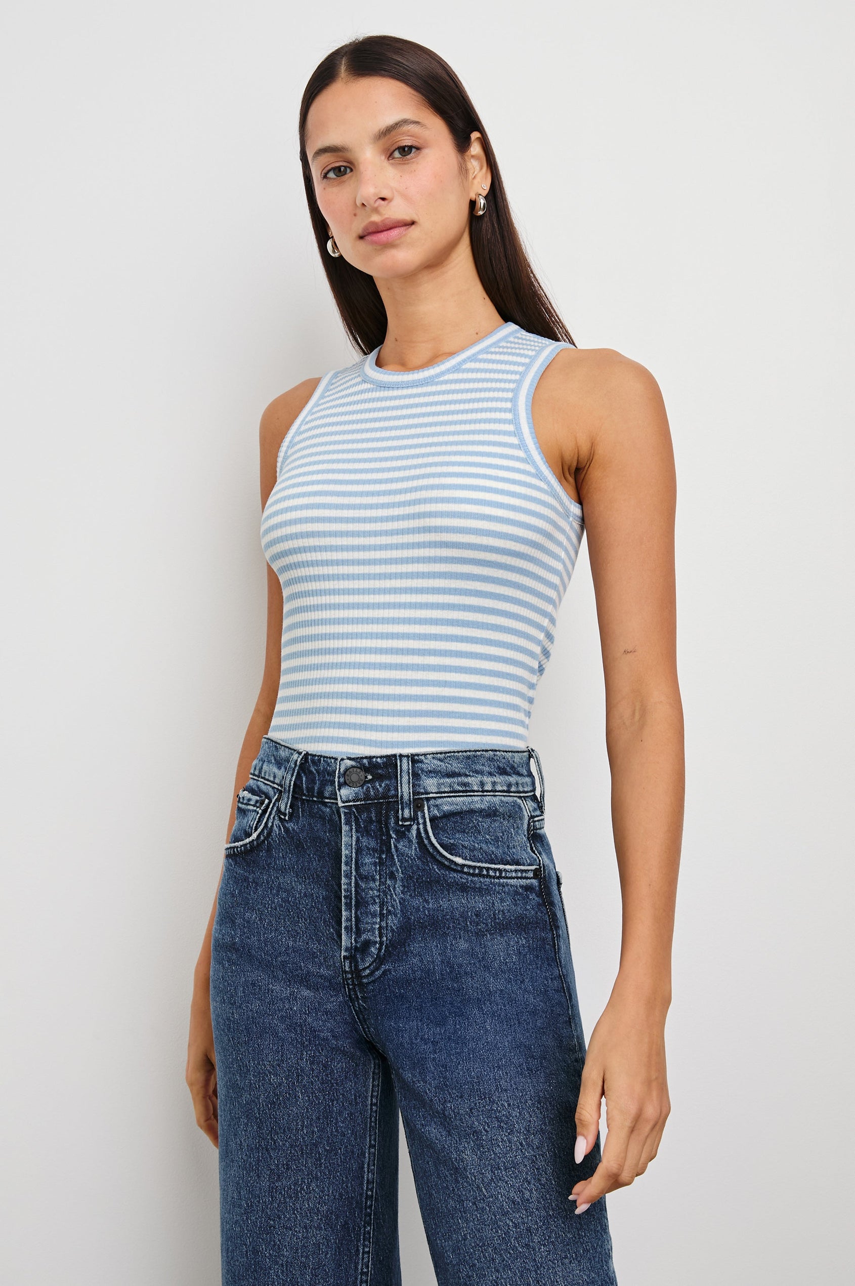 Fitted Racerback Tank with Chambray Blue Stripes - front view on model