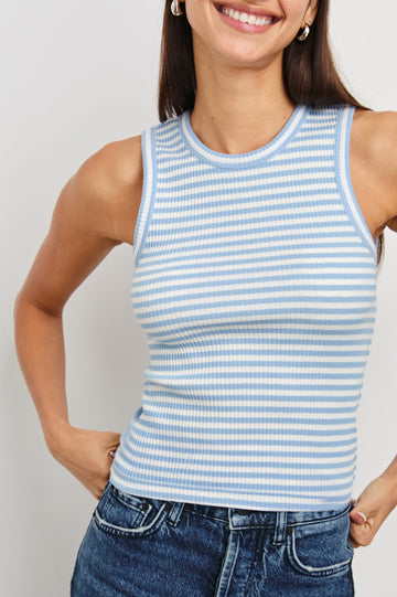 Fitted Racerback Tank with Chambray Blue Stripes - front view on model - close up of contrast stitch details on model