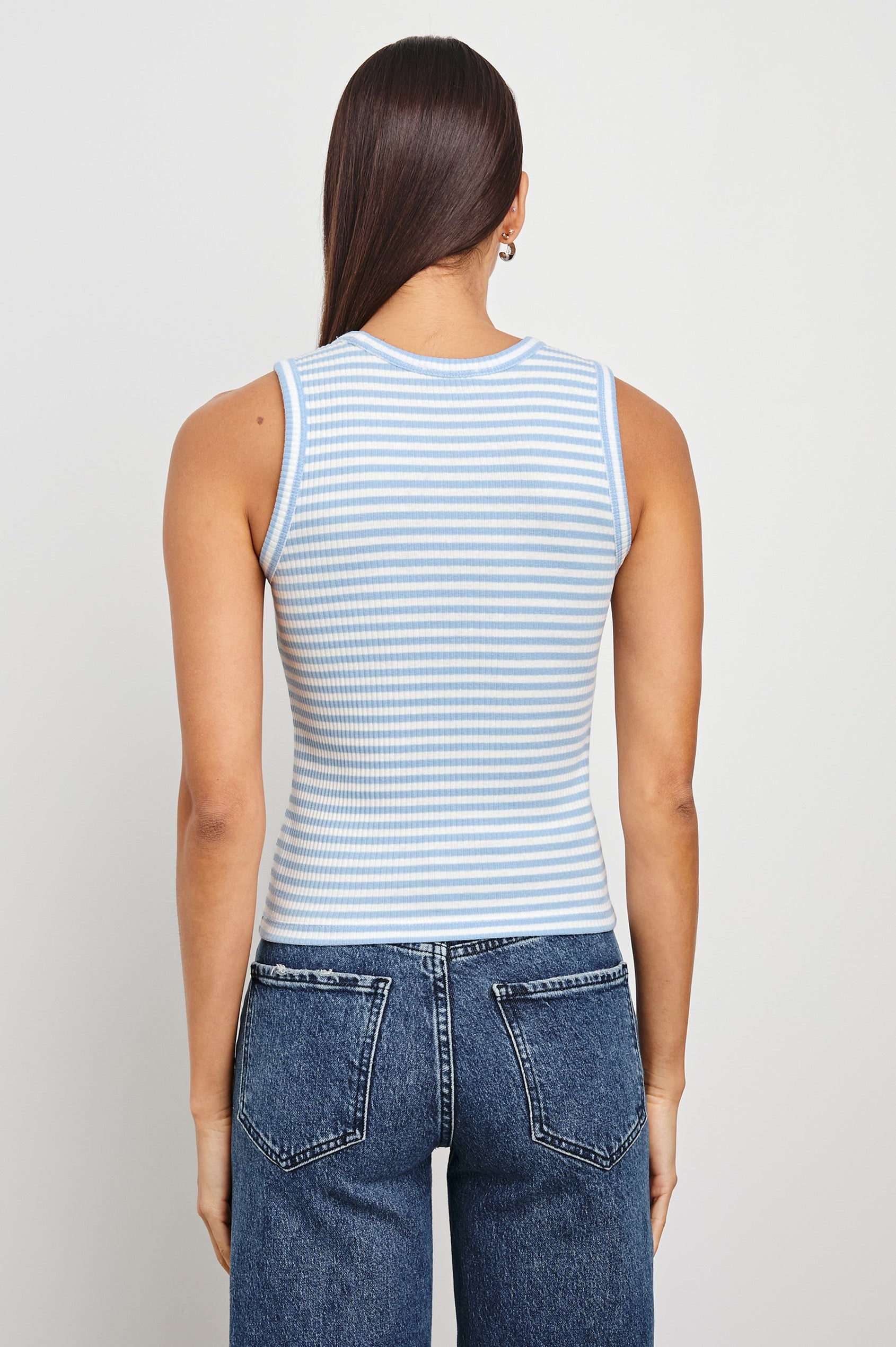 Fitted Racerback Tank with Chambray Blue Stripes - back view on model