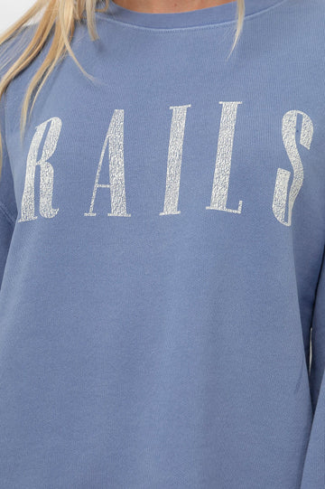 Rails Signature Long-Sleeve Sweatshirt with a Crew Neck, Raw Hem, Shirring Above Cuff, and the Text, Rails, in Washed Indigo Rails Colorway, with Ivory Text - Front View Featured on Model 