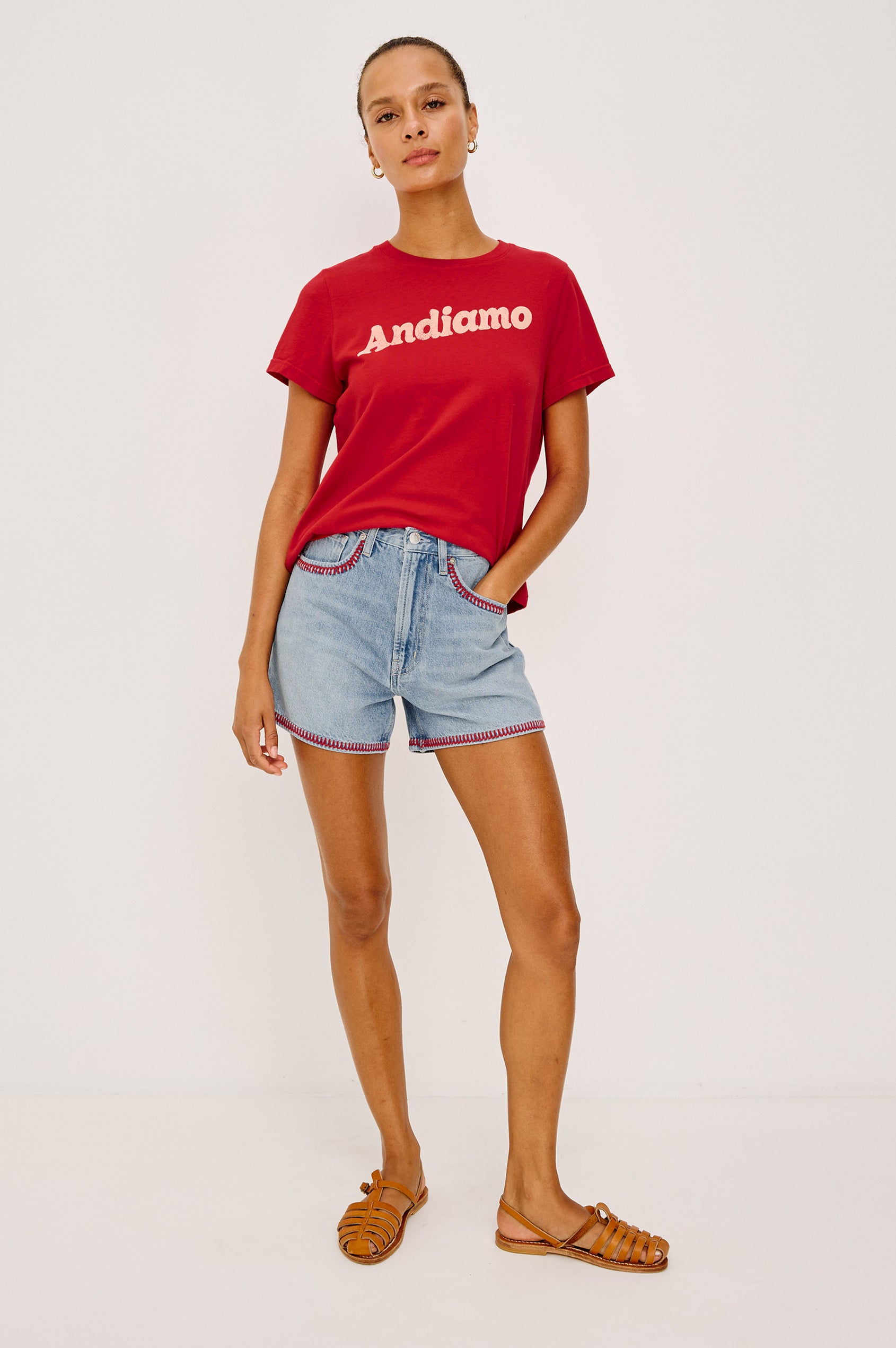 Rancho High-Waisted Short in Cotton Blend With 5-Pockets, A-Line Fit, and Front Zip Ciao Indigo Colorway - Full Body Front View Featured on Model