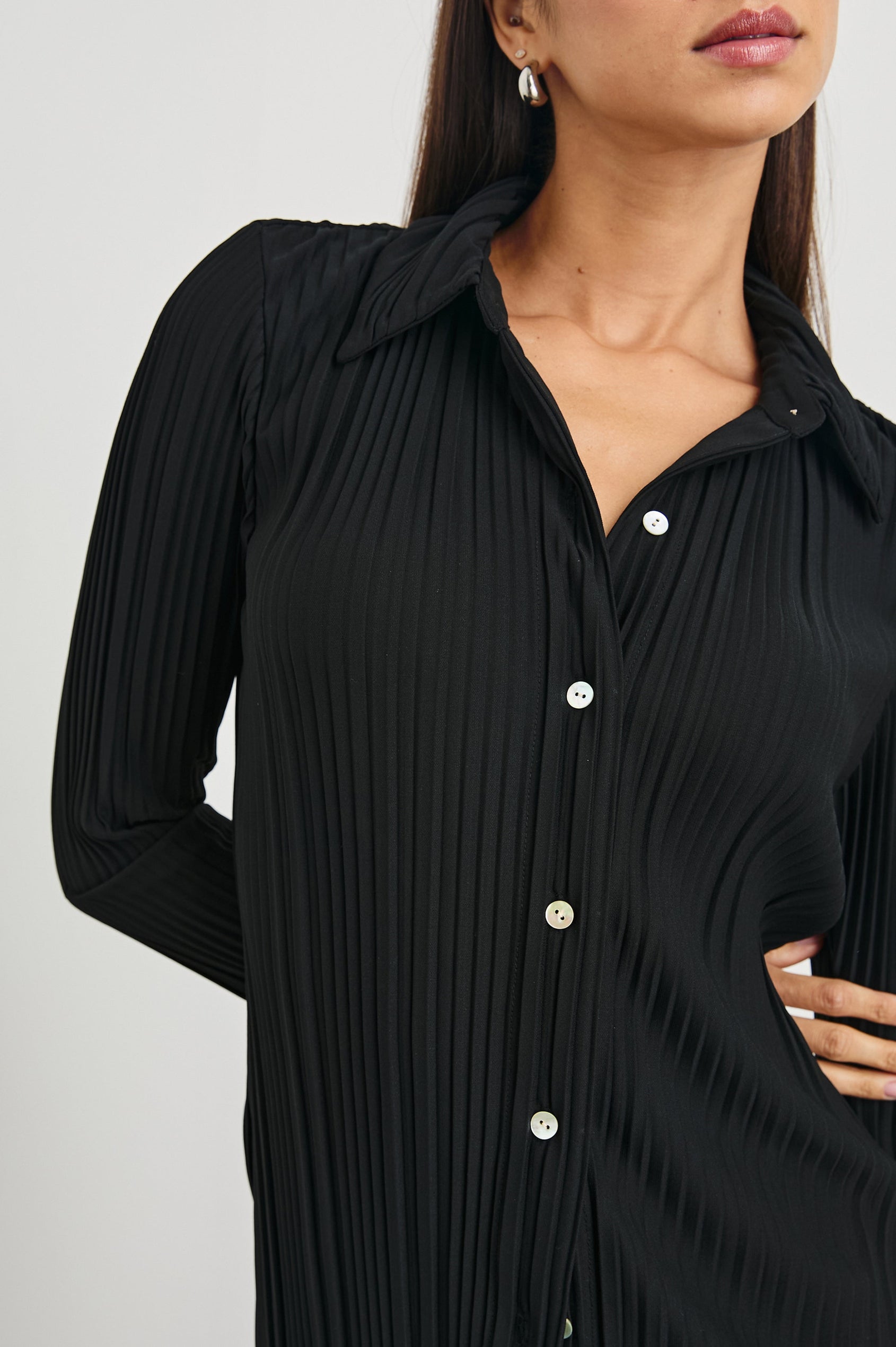 Raya Long Sleeve Button Up without Button Cuffs and with a Collar and Textured Fabric in Jet Colorway - Front View Featured on Model 