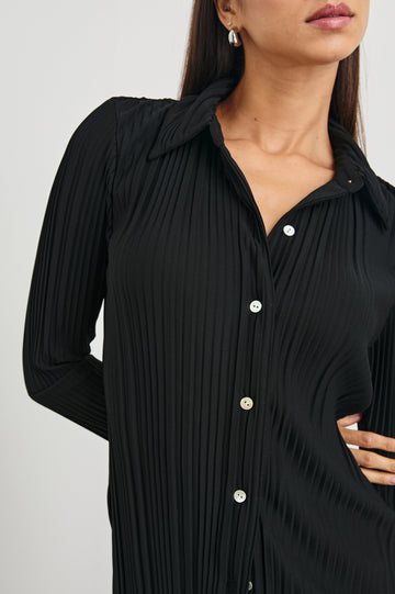 Raya Long Sleeve Button Up without Button Cuffs and with a Collar and Textured Fabric in Jet Colorway - Front View Featured on Model 