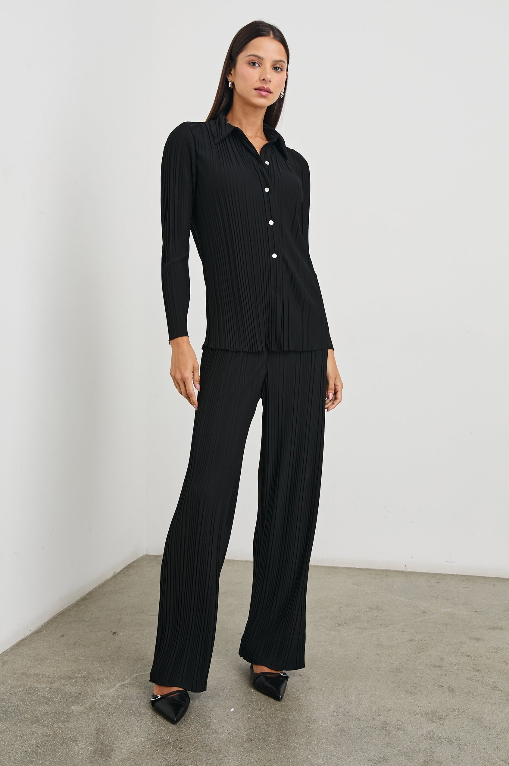 Raya Long Sleeve Button Up without Button Cuffs and with a Collar and Textured Fabric in Jet Colorway - Front Full Body View Featured on Model 