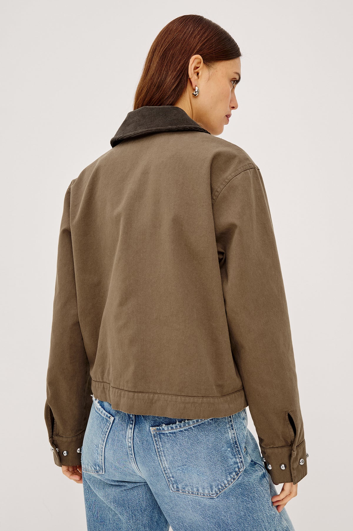 Redding Jacket in Cotton Canvas With Corduroy Collar, Zip Front, Relaxed, Slightly Cropped Relaxed Boxy Fit, Front Patch Pockets, and Dome Stud Detailing in Bronze Colorway - Upper Body Back View Featured on Model