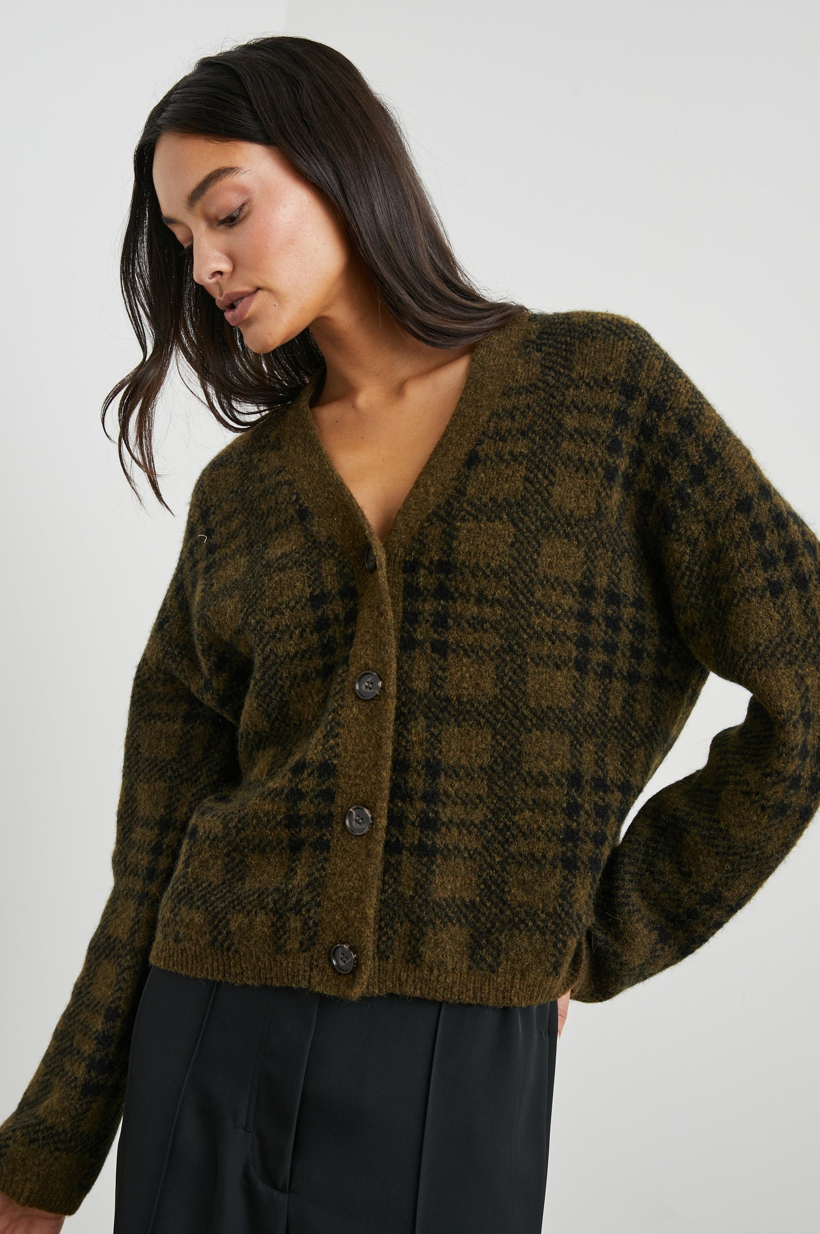 Reese Long-Sleeve Cardigan with Button Closure, V Neck and Ribbed Trim in Olive Plaid Colorway, Black and Olive - Front View Featured on Model