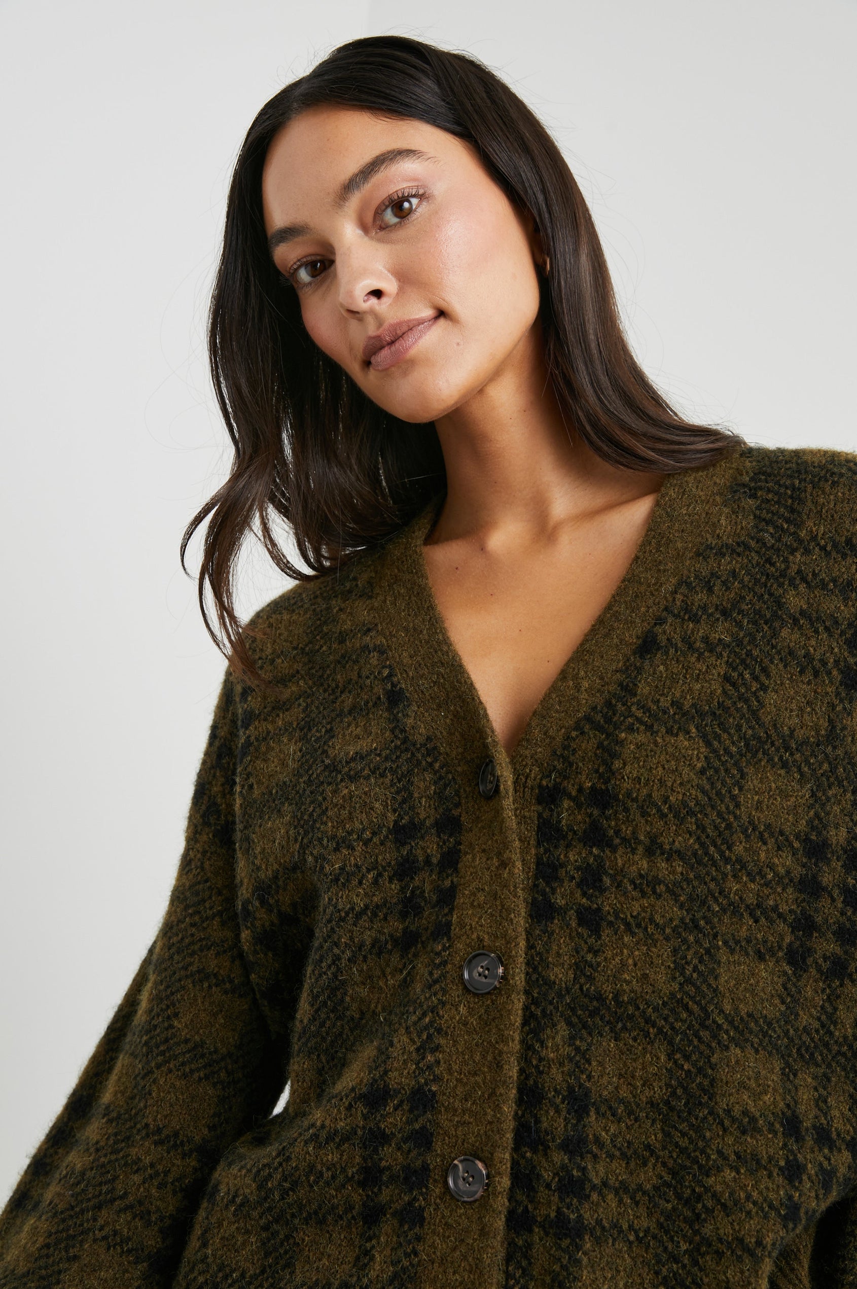 Reese Long-Sleeve Cardigan with Button Closure, V Neck and Ribbed Trim in Olive Plaid Colorway, Black and Olive - Front View Featured on Model