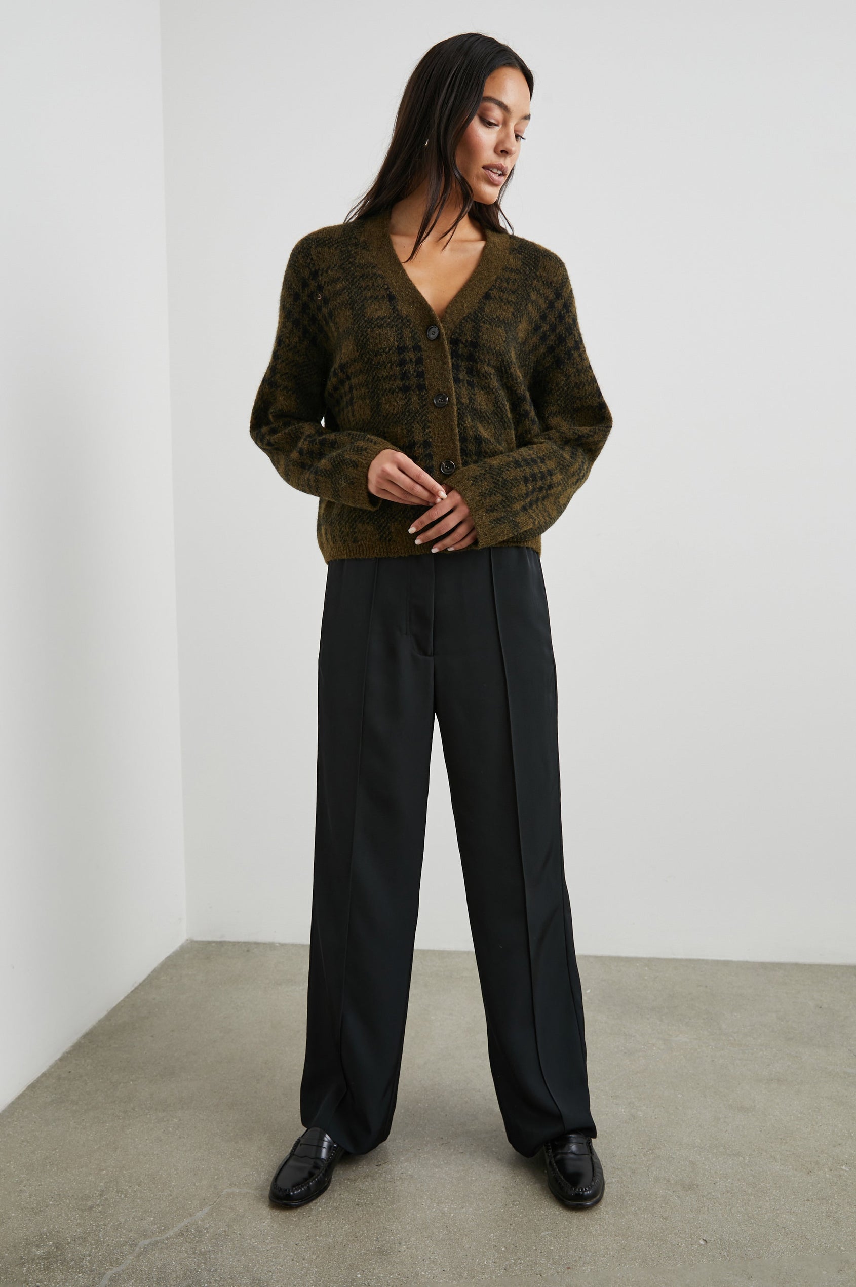 Reese Long-Sleeve Cardigan with Button Closure, V Neck and Ribbed Trim in Olive Plaid Colorway, Black and Olive - Front Full Body View Featured on Model