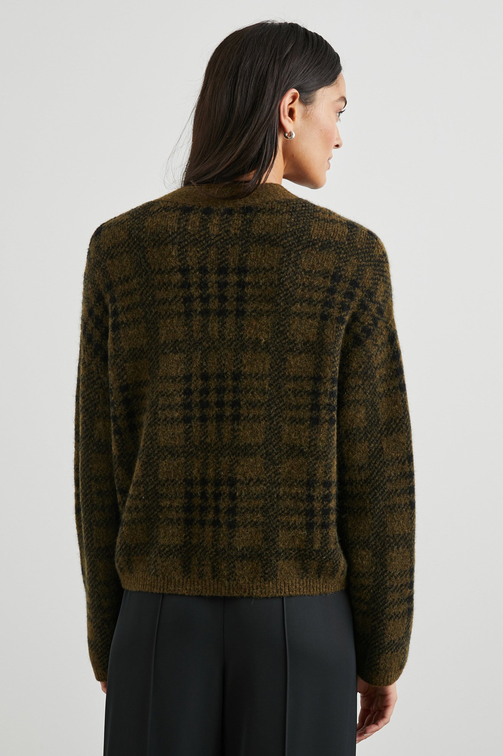 Reese Long-Sleeve Cardigan with Button Closure, V Neck and Ribbed Trim in Olive Plaid Colorway, Black and Olive - Back View Featured on Model