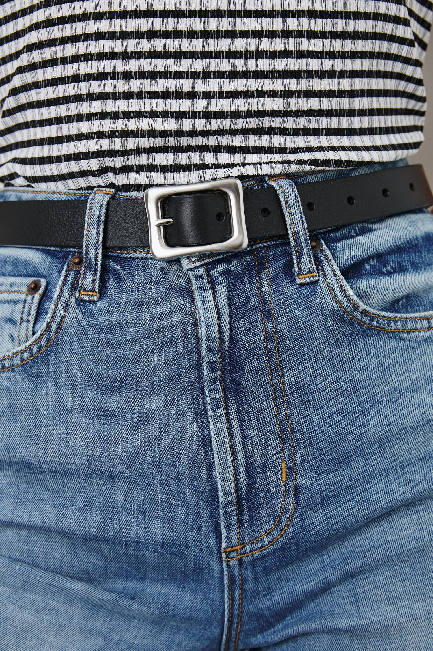 Remi Belt with a Rectangular Buckle with Rounded Corners in Brown Silver Colorway, Brown Belt and Silver-tone Buckle - Front View Featured on Model