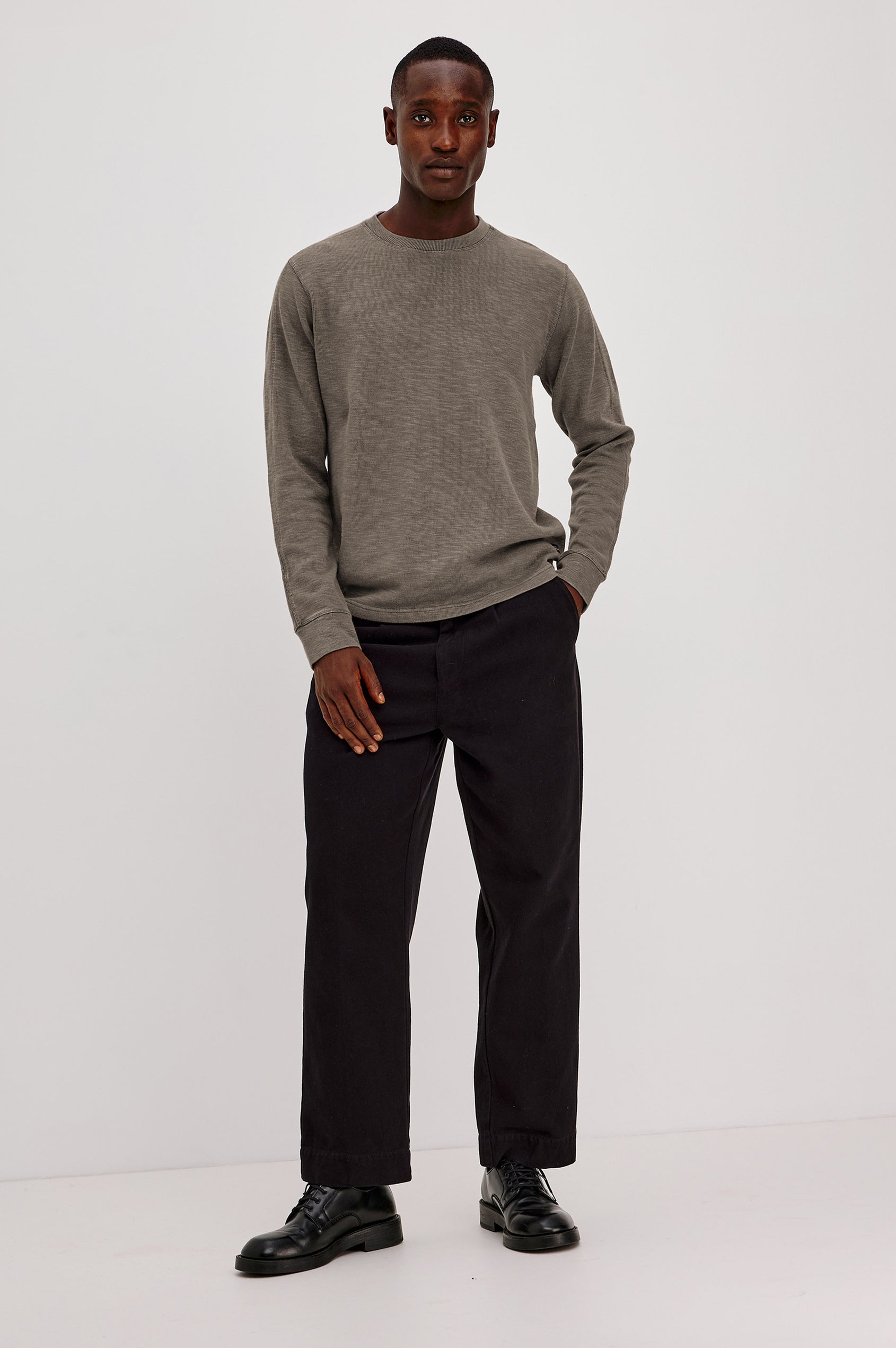 Rheese Long Sleeve Tee in French Rib With Crew Neck, Pullover Fit, and Tonal Seams in Crossroad Colorway - Full Body Front View Featured on Model