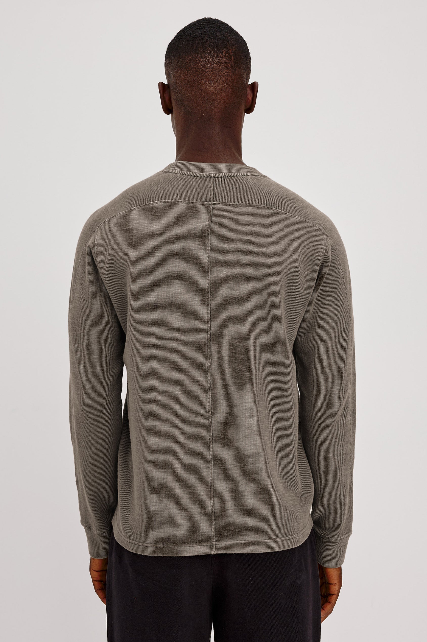 Rheese Long Sleeve Tee in French Rib With Crew Neck, Pullover Fit, and Tonal Seams in Crossroad Colorway - Upper Body Back View Featured on Model