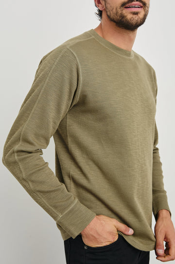 Rheese Long-Sleeve Thermal with Crew Neck and Statement Seams on Sleeves and Back in Green Olive Colorway - Front View Featured on Model