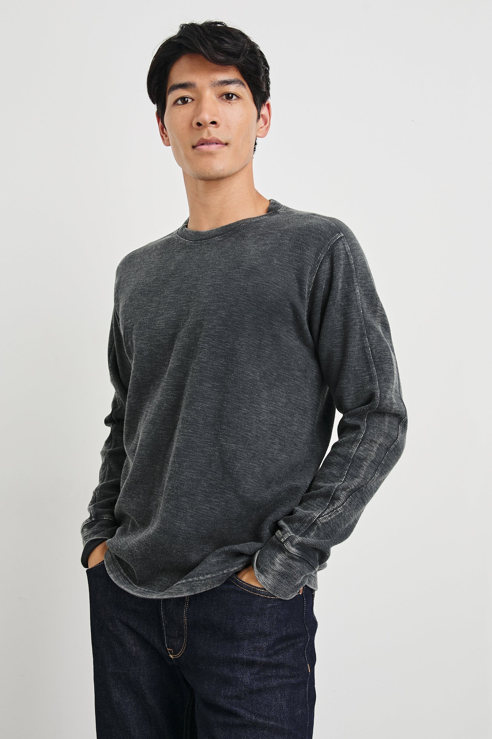 Rheese Long-Sleeve Thermal with Crew Neck and Statement Seams on Sleeves and Back in Washed Black Colorway - Front View Featured on Model
