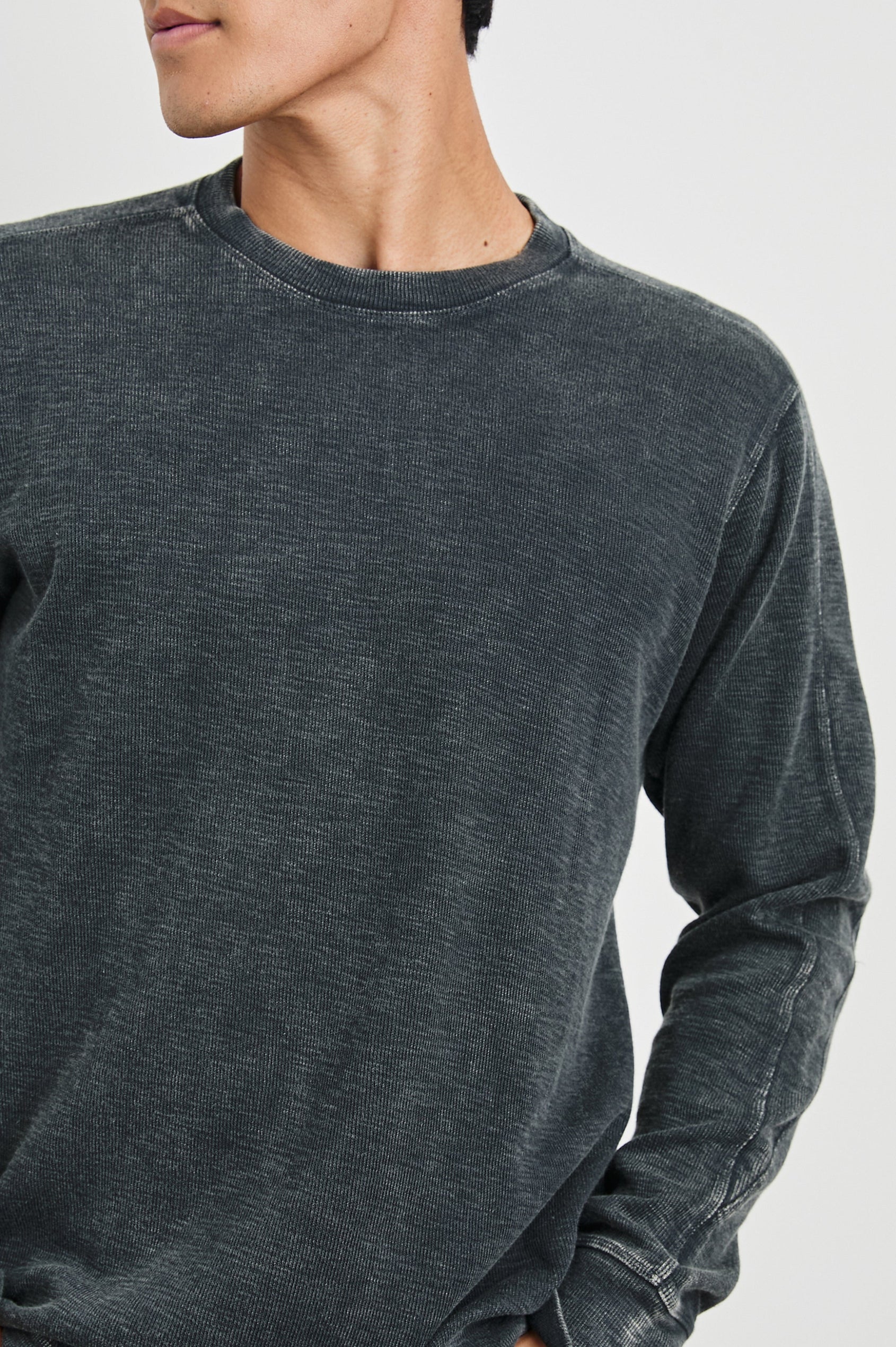 Rheese Long-Sleeve Thermal with Crew Neck and Statement Seams on Sleeves and Back in Washed Black Colorway - Front View Featured on Model