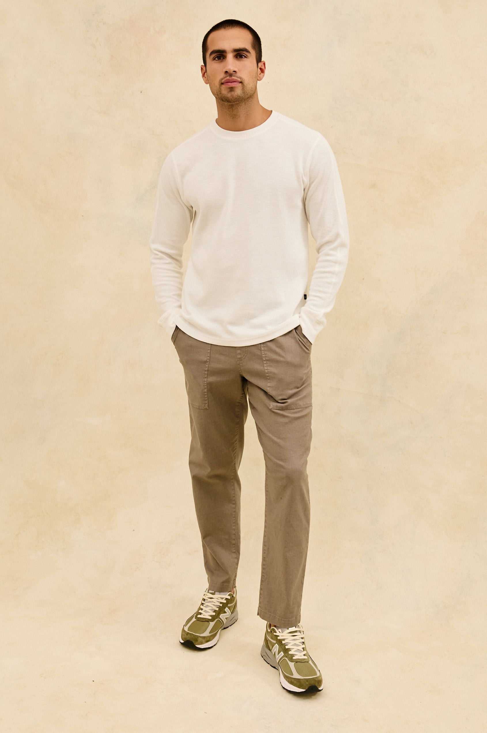 Rheese long sleeve french rib thermal in Whitecap - full body front view on model