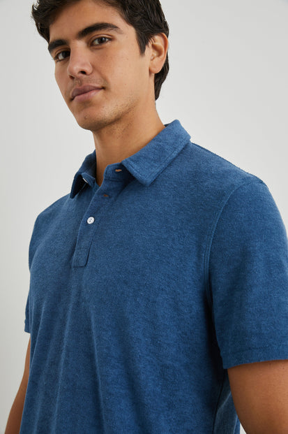 RHEN ENSIGN BLUE POLO SHIRT - FRONT UP CLOSE