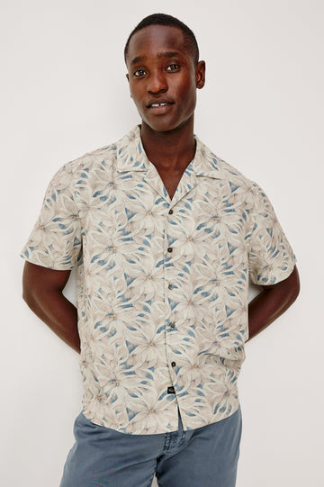 Rhodes Boxy Button-Up Shirt in Crepe With Back Box Pleat, Vintage-Inspired Notched Collar, Front Buttons, and Short Sleeves in Callalily Cream Colorway - Upper Body Front View Featured on Model