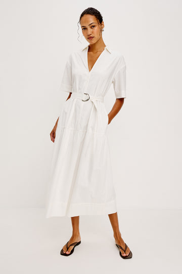 Richmond Midi Dress in Cotton With Collar Front Button Placket Side Pockets D-Ring Waist Belt Short Sleeves and Relaxed Fit in White Colorway - Full Body Front View Featured on Model