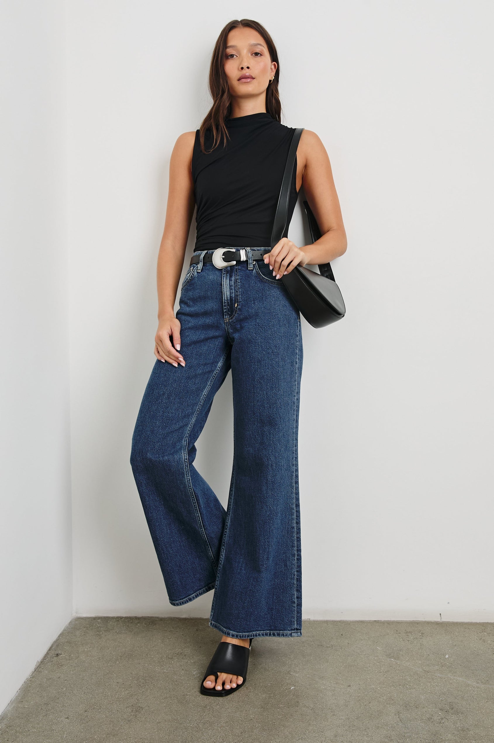 Rodeo Belt with a Black Leather Belt with Belt Loop and a Chunky Silver-Toned Buckle in Brown Gold Colorway - Front Full Body View Featured on Model 