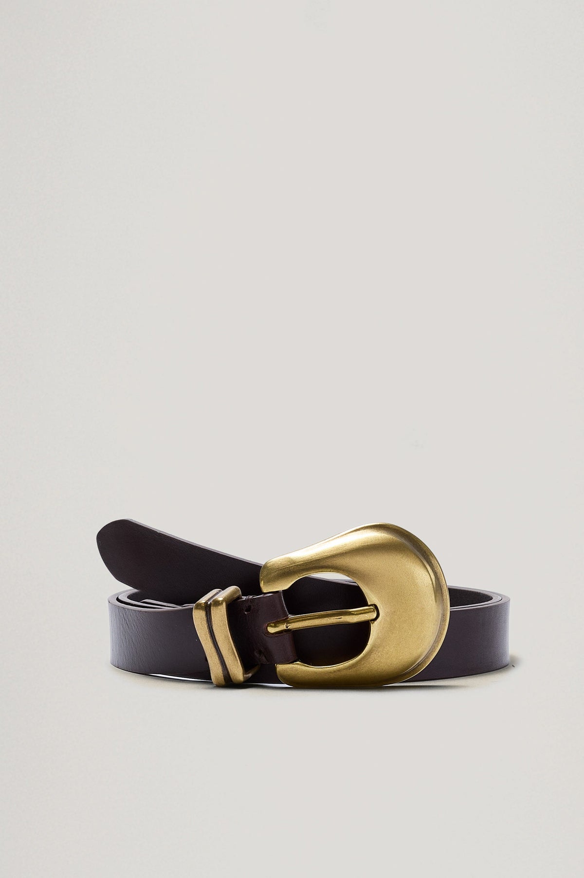 Rodeo Belt with a Brown Leather Belt with Belt Loop and a Chunky Gold-Toned Buckle in Brown Gold Colorway - Front View Featured on Model 
