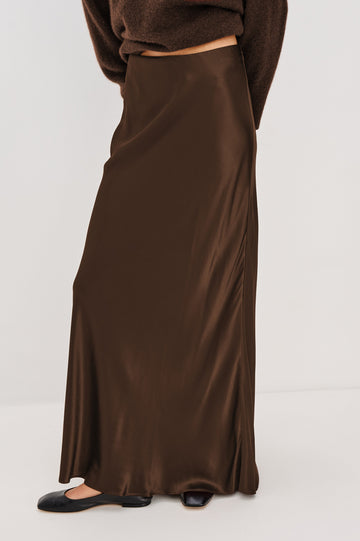 Romina Maxi Satin Skirt in Espresso Colorway - Front View Featured on Model