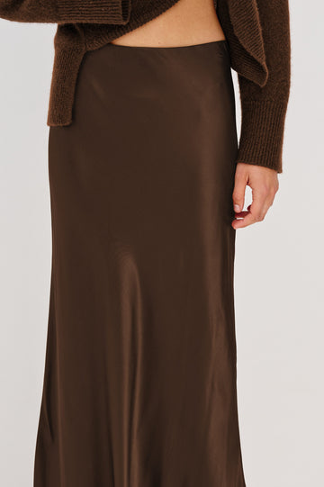 Romina Maxi Satin Skirt in Espresso Colorway - Close Up View Featured on Model